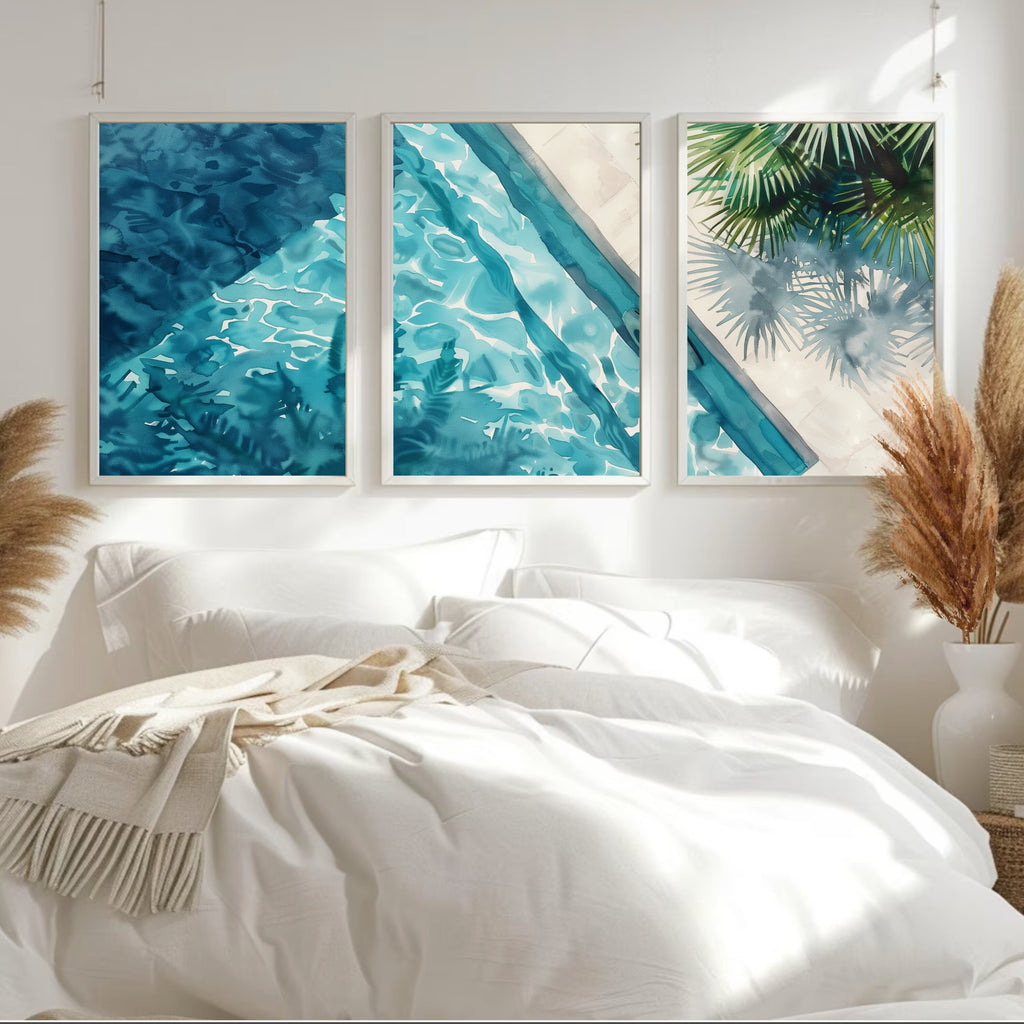 Aerial View Pool Poster Set of 3 - Watercolor Reflections and Palm Shadows - Artist-Inspired Wall Art by Ocean Blue Art