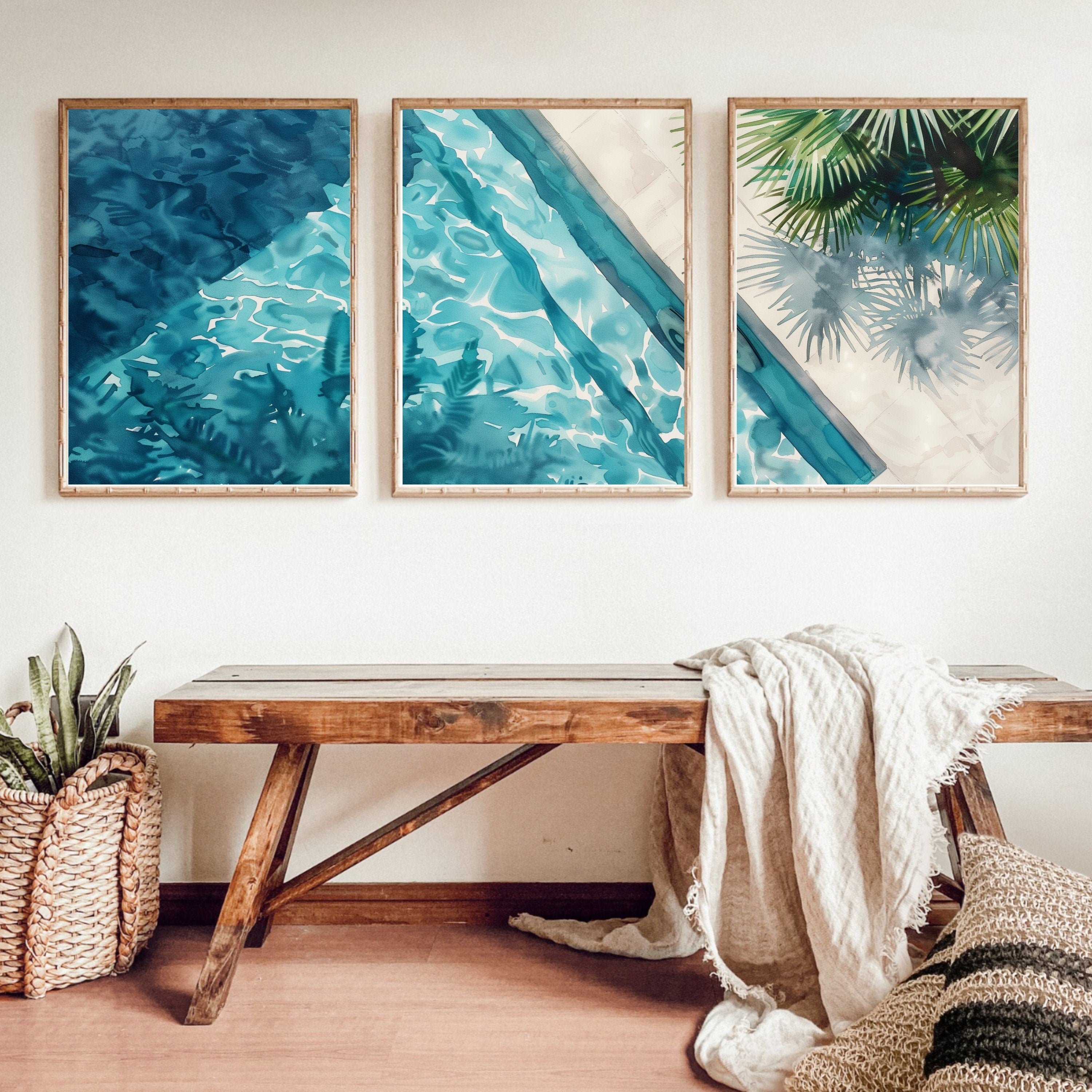 Aerial View Pool Poster Set of 3 - Watercolor Reflections and Palm Shadows - Artist-Inspired Wall Art by Ocean Blue Art