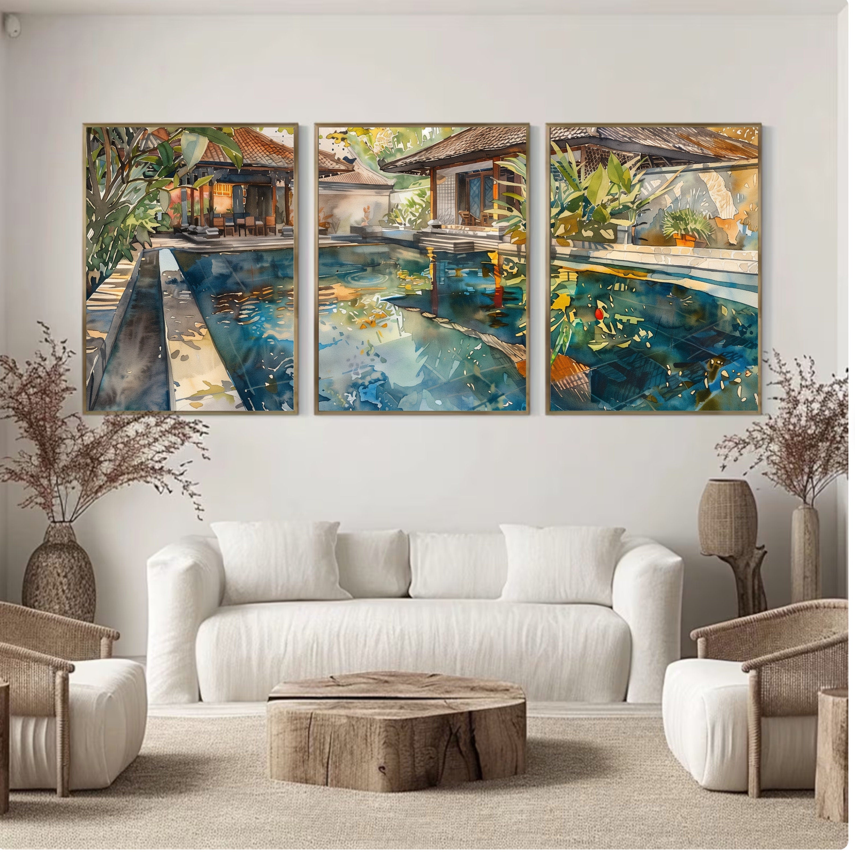 Bali Accommodation Pool Poster Set of 3 - Watercolor Art Prints - Perfect Holiday Memory Decor by Balinese Artist