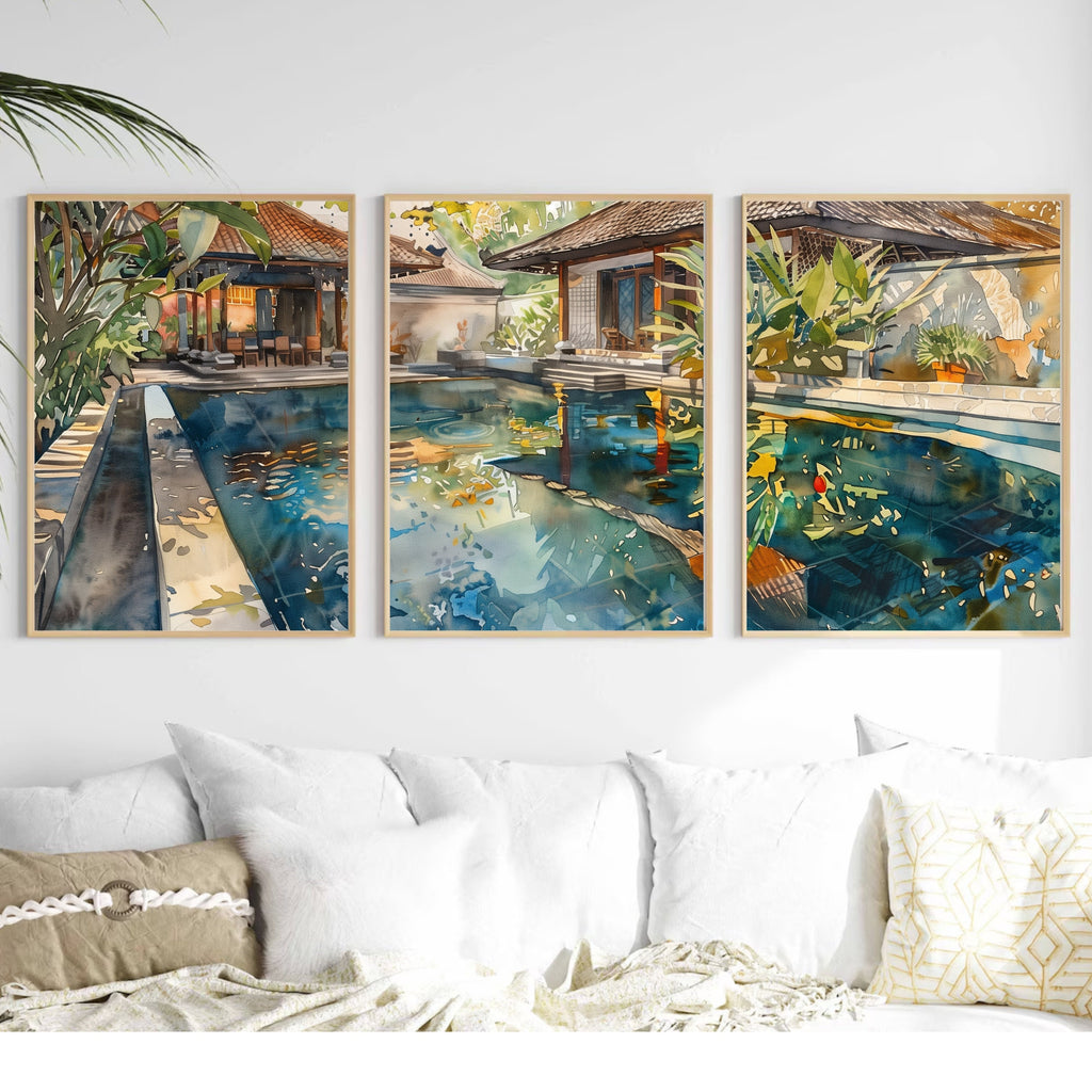 Bali Accommodation Pool Poster Set of 3 - Watercolor Art Prints - Perfect Holiday Memory Decor by Balinese Artist