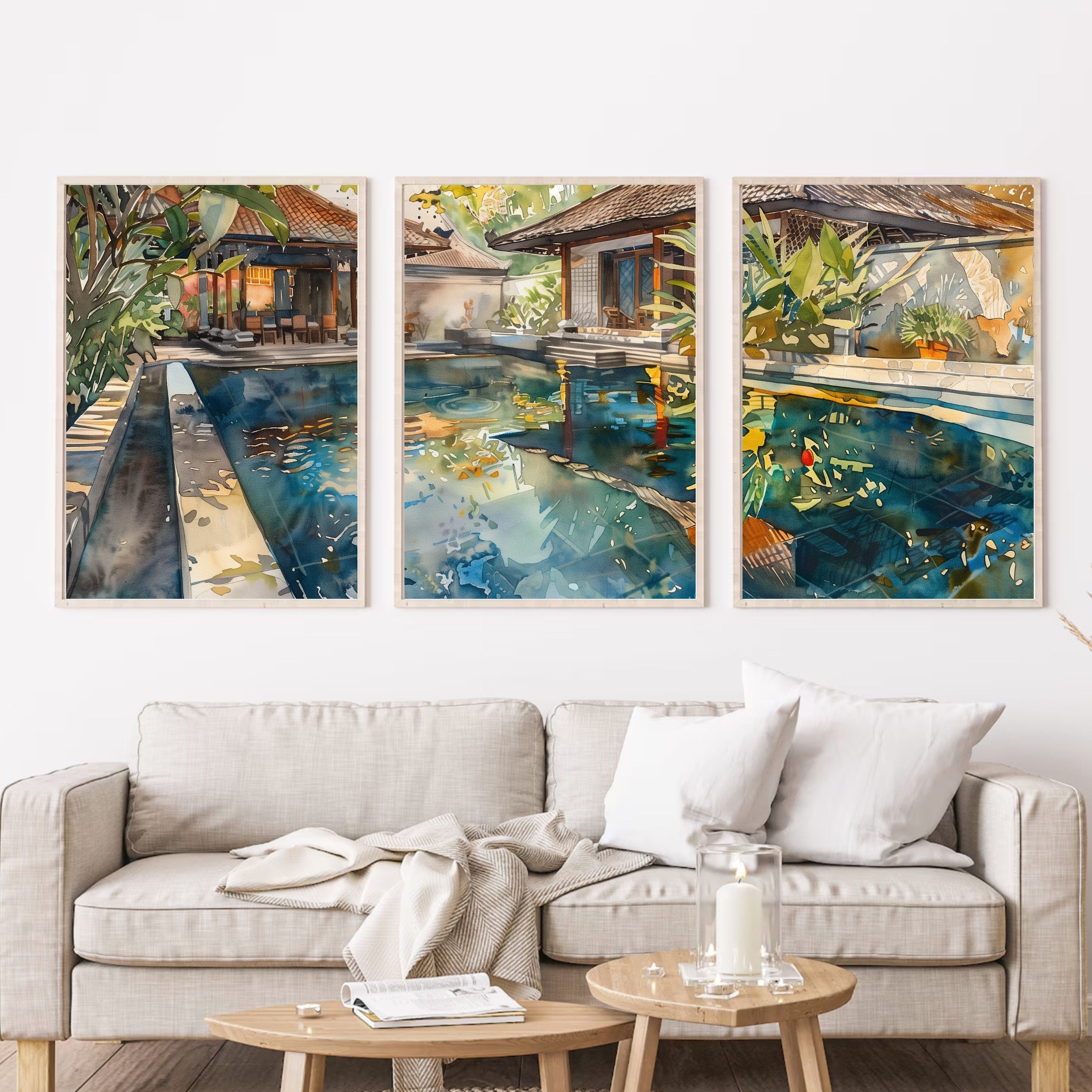 Bali Accommodation Pool Poster Set of 3 - Watercolor Art Prints - Perfect Holiday Memory Decor by Balinese Artist