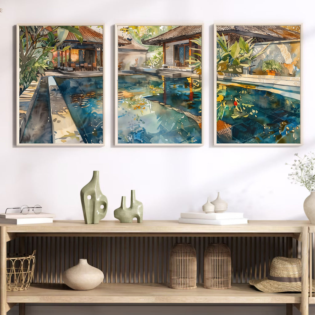 Bali Accommodation Pool Poster Set of 3 - Watercolor Art Prints - Perfect Holiday Memory Decor by Balinese Artist