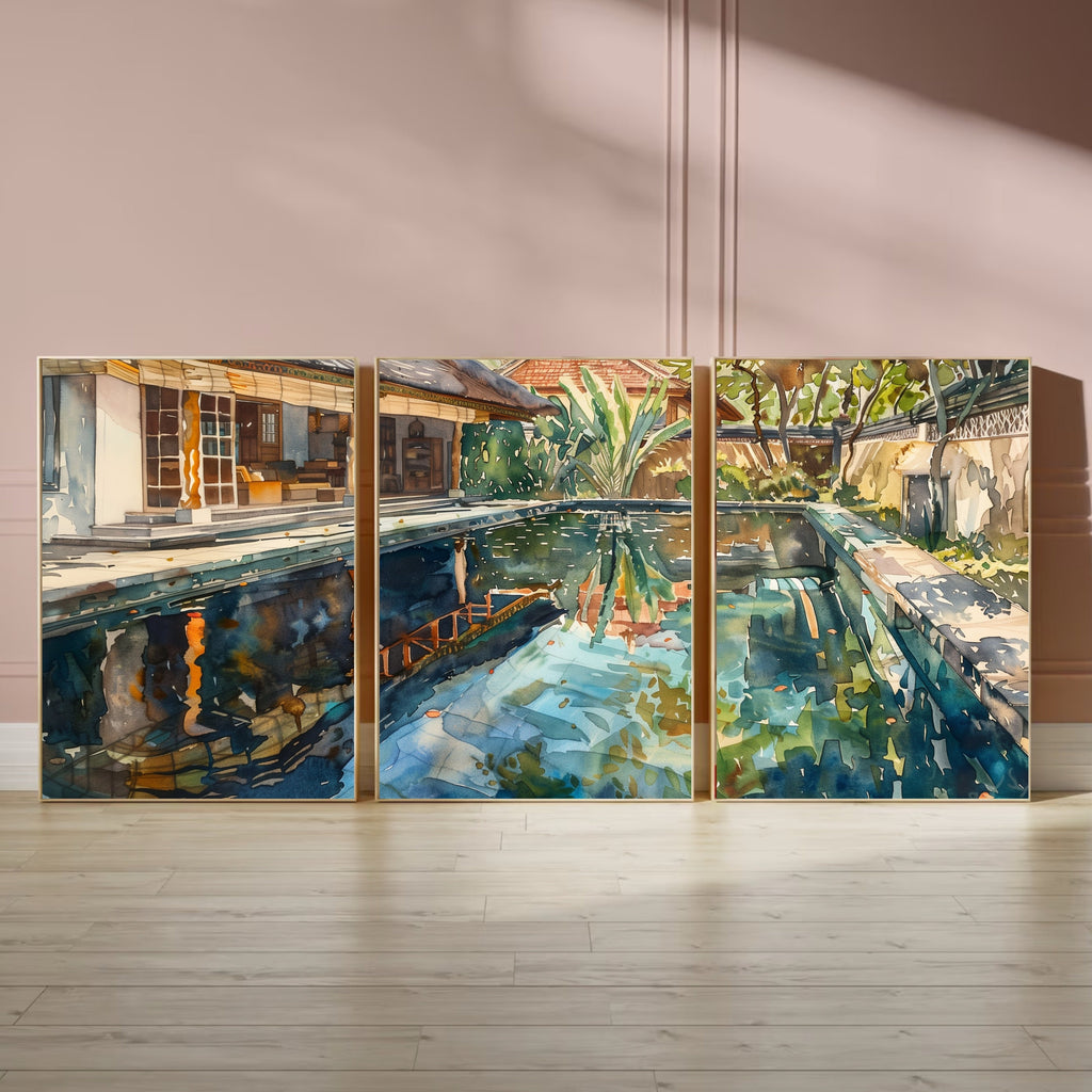 Bali Poolside Retreat Poster Set of 3 - Watercolor Tropical Paradise - Balinese Artist Creation