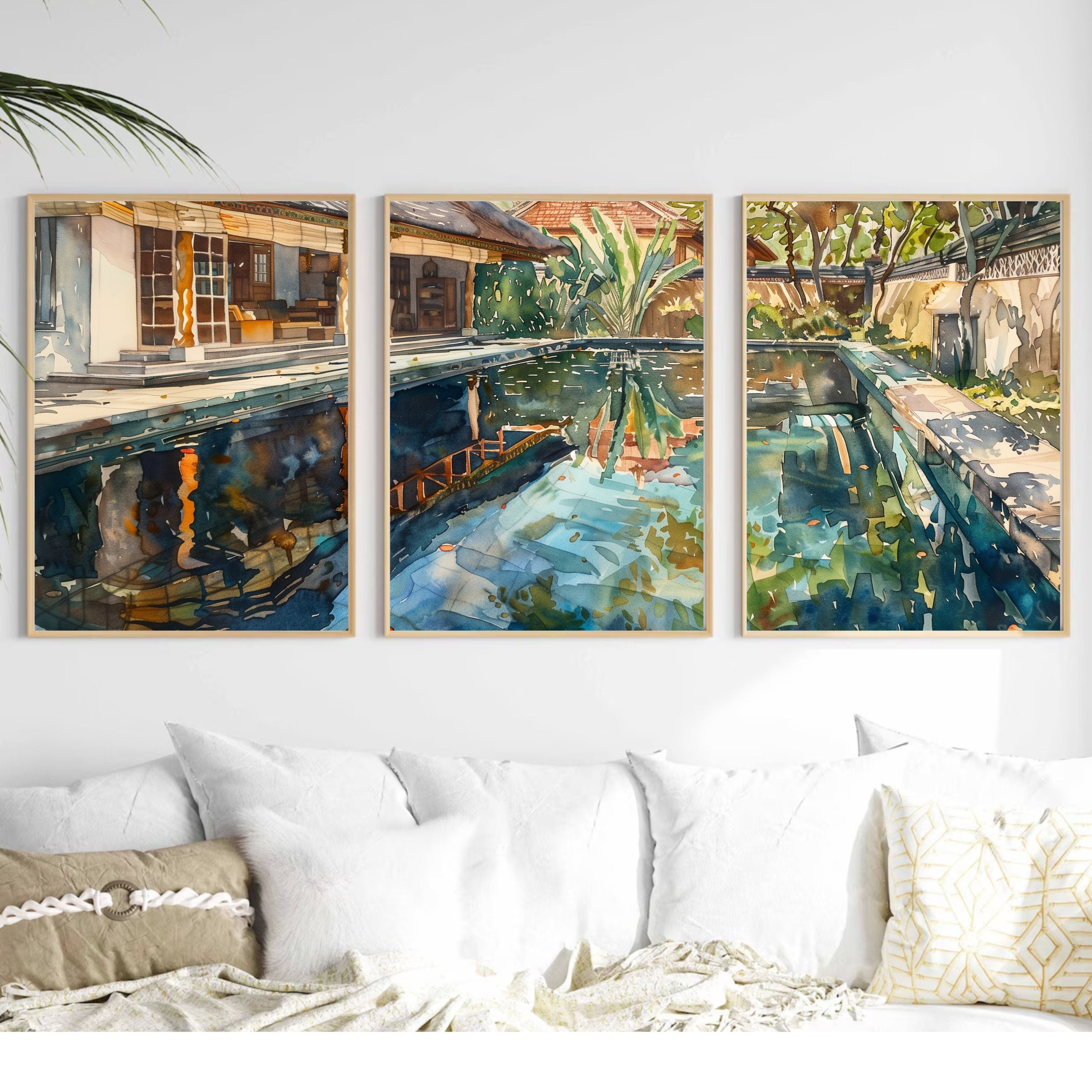 Bali Poolside Retreat Poster Set of 3 - Watercolor Tropical Paradise - Balinese Artist Creation