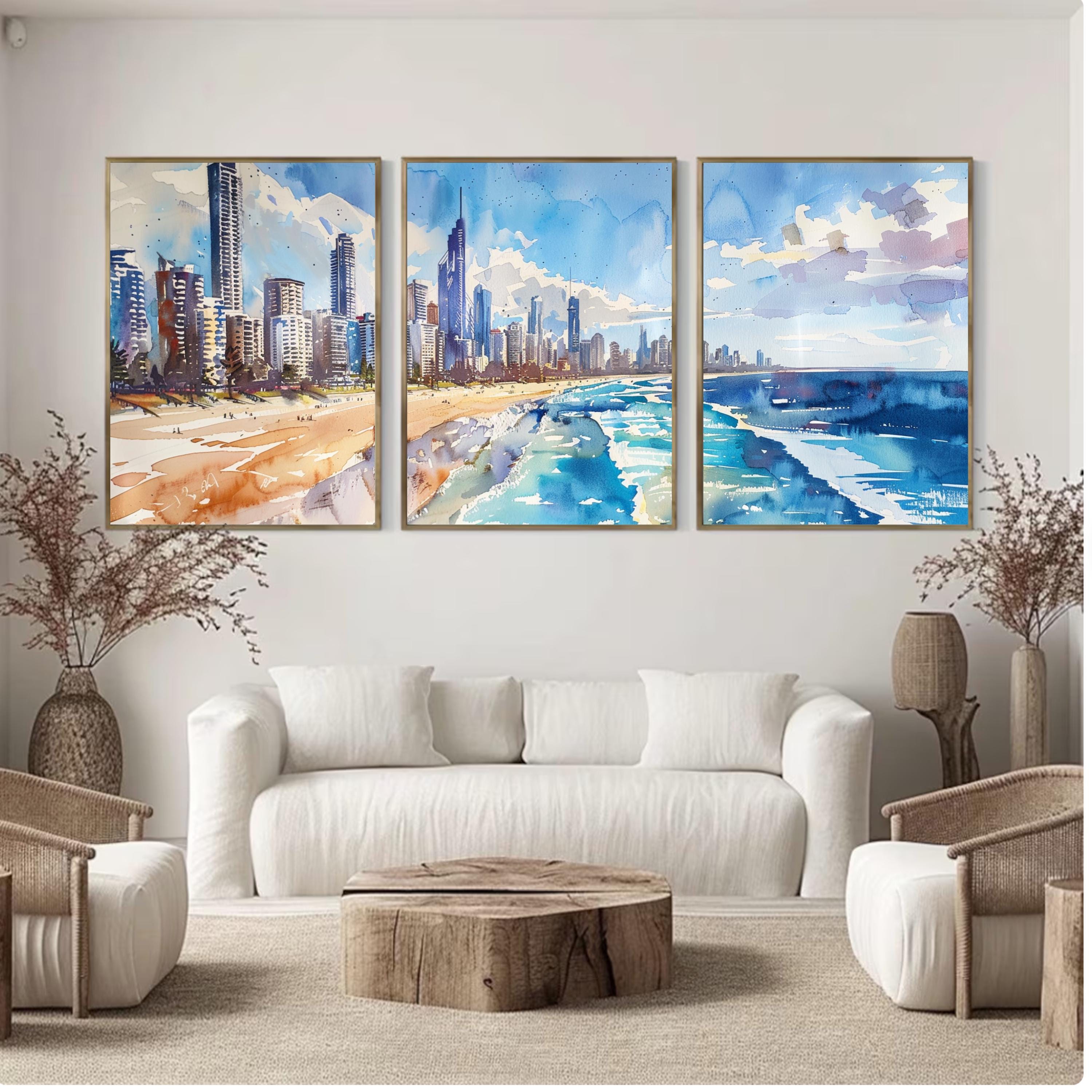 Three-piece poster set featuring the Gold Coast's iconic skyline and shoreline, captured with fluid watercolor brushstrokes.