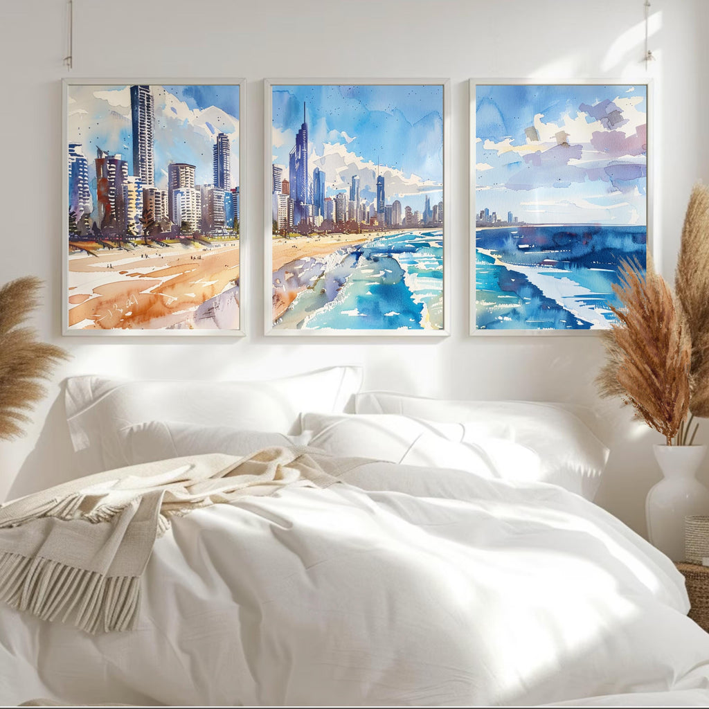 Gold Coast Skyline: Watercolor Painting of Gold Coast Skyline and Beach - Three-Piece Poster Set