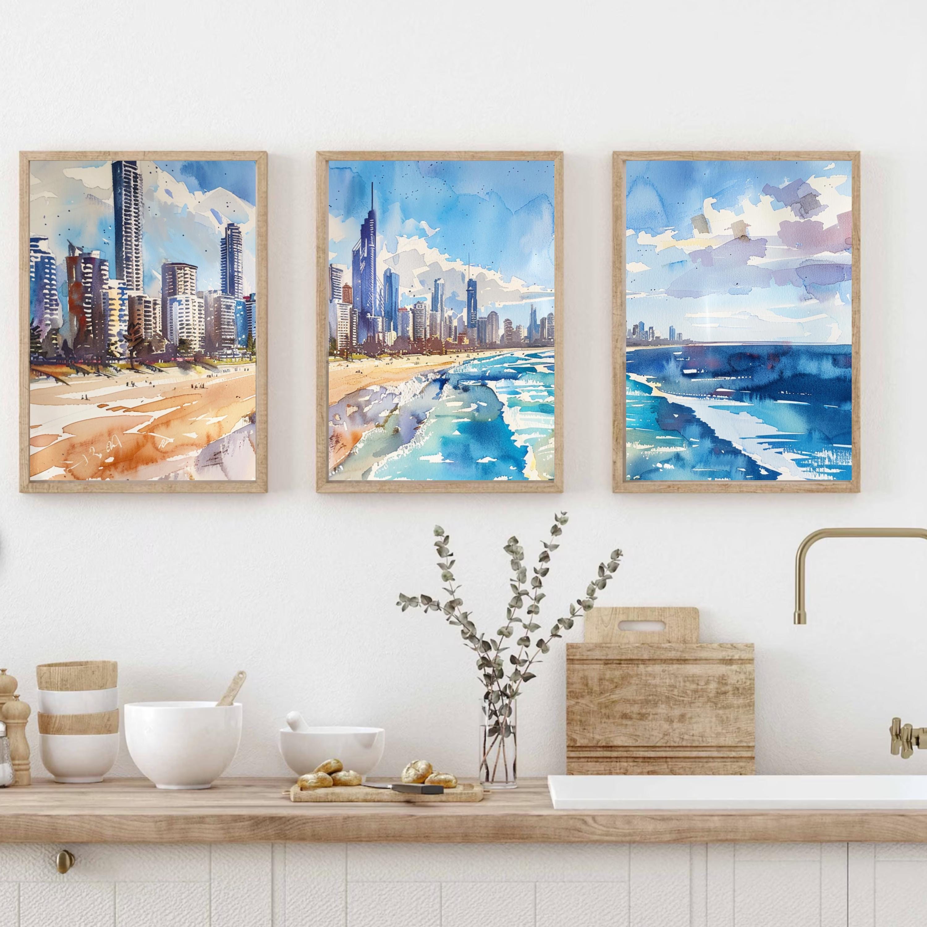 Gold Coast Skyline: Watercolor Painting of Gold Coast Skyline and Beach - Three-Piece Poster Set