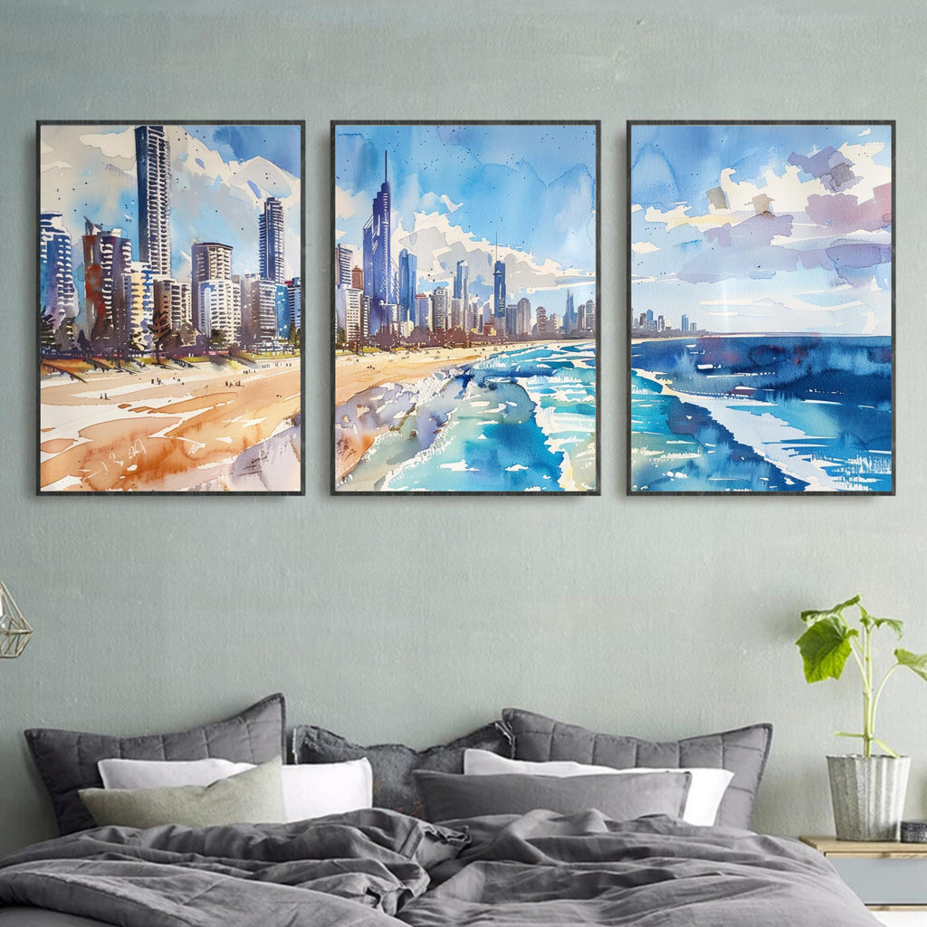 Gold Coast Skyline: Watercolor Painting of Gold Coast Skyline and Beach - Three-Piece Poster Set