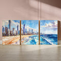 Watercolor painting of the Gold Coast skyline with vibrant beach and ocean waves, split into three poster pieces.