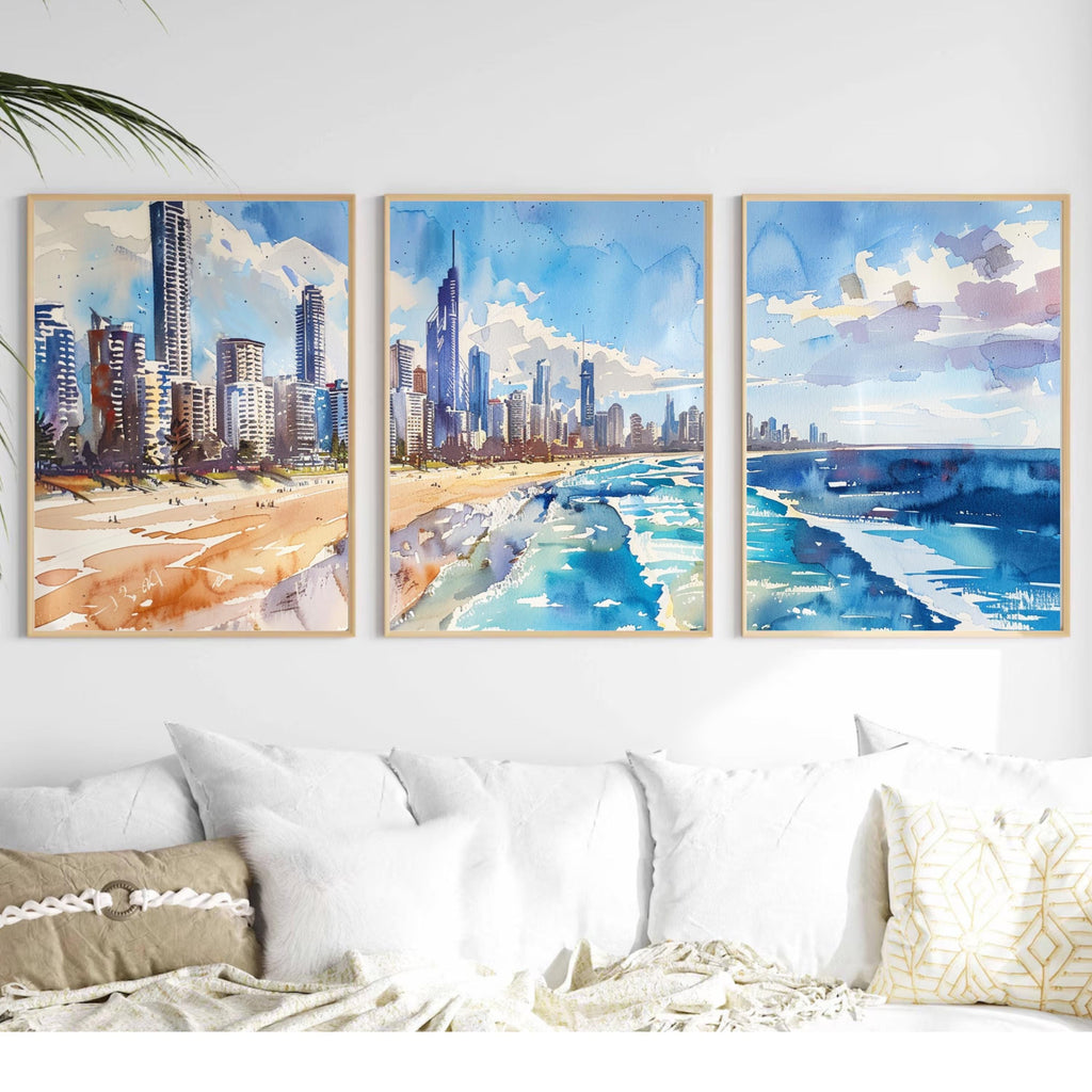 Gold Coast Skyline: Watercolor Painting of Gold Coast Skyline and Beach - Three-Piece Poster Set