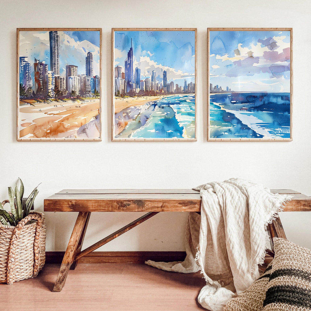 Gold Coast Skyline: Watercolor Painting of Gold Coast Skyline and Beach - Three-Piece Poster Set