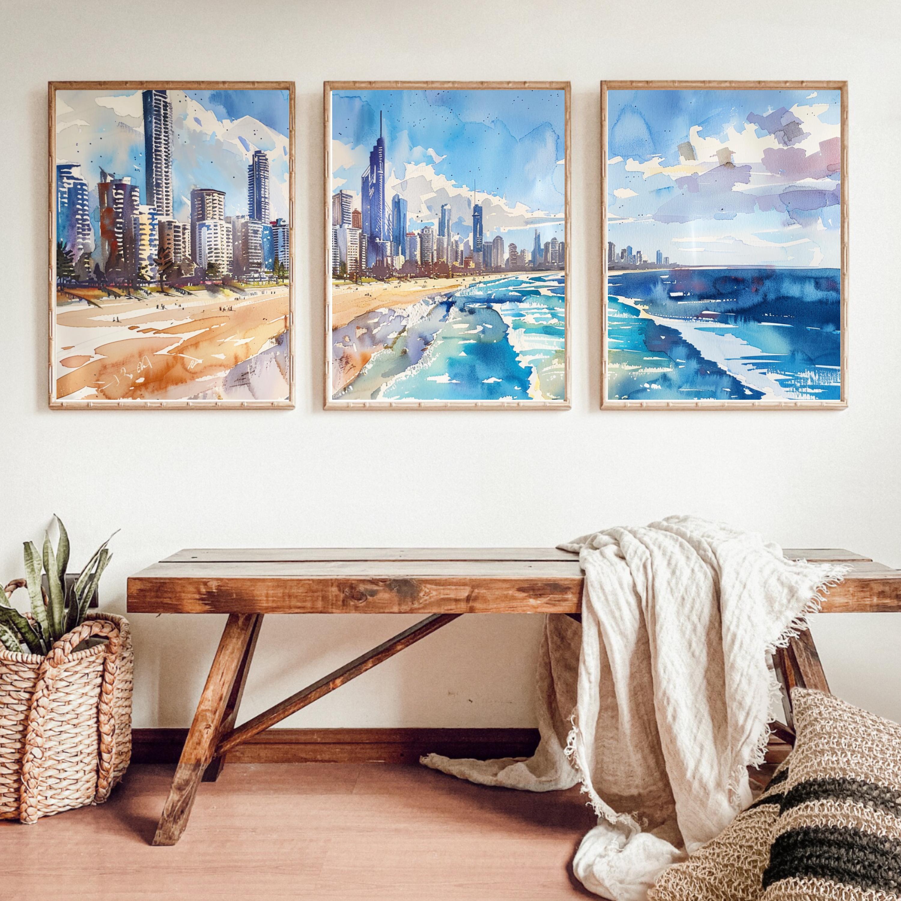 Gold Coast Skyline: Watercolor Painting of Gold Coast Skyline and Beach - Three-Piece Poster Set