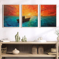 Acrylic painting of a couple in a boat on tranquil waters with a vibrant sunset, split into three poster pieces.