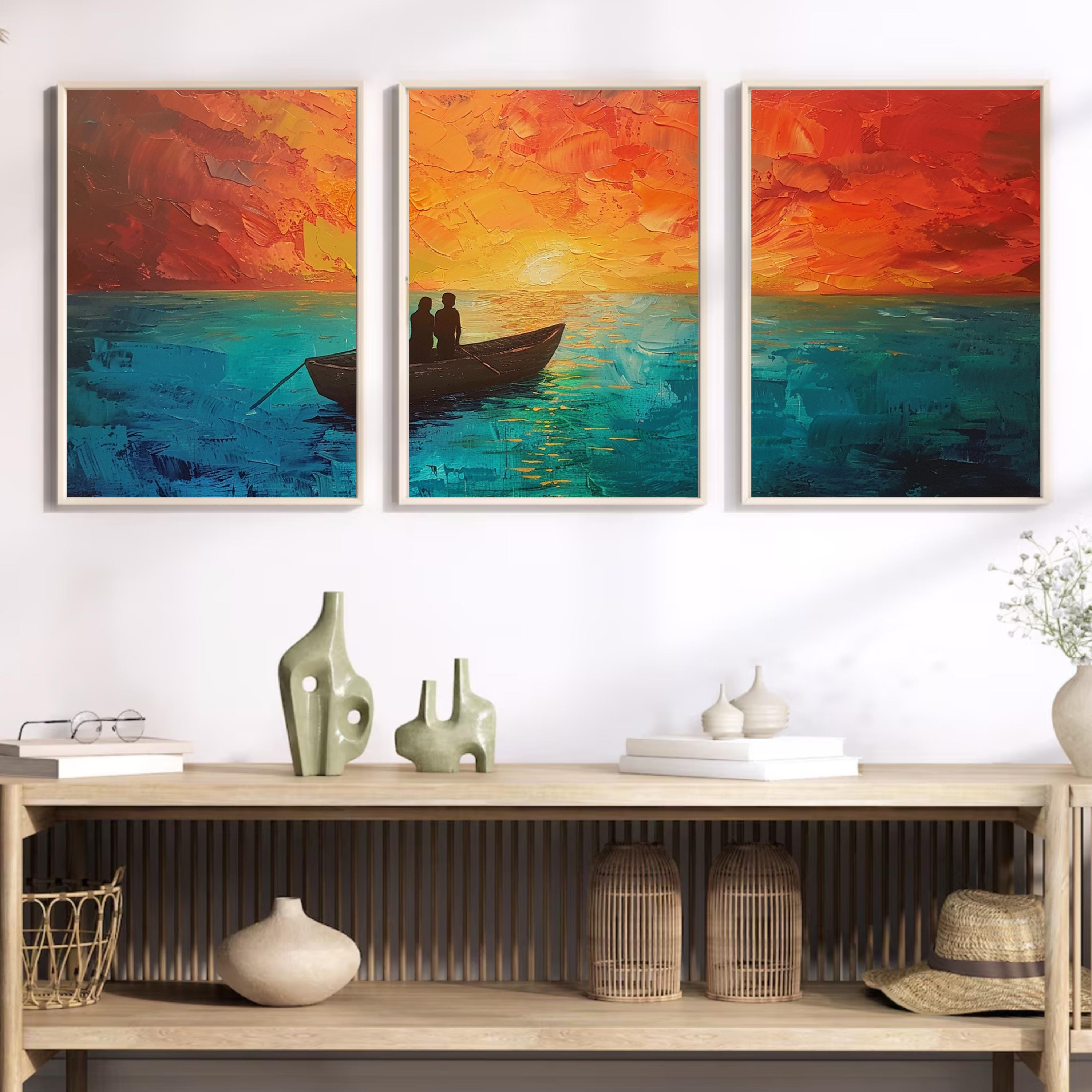 Acrylic painting of a couple in a boat on tranquil waters with a vibrant sunset, split into three poster pieces.