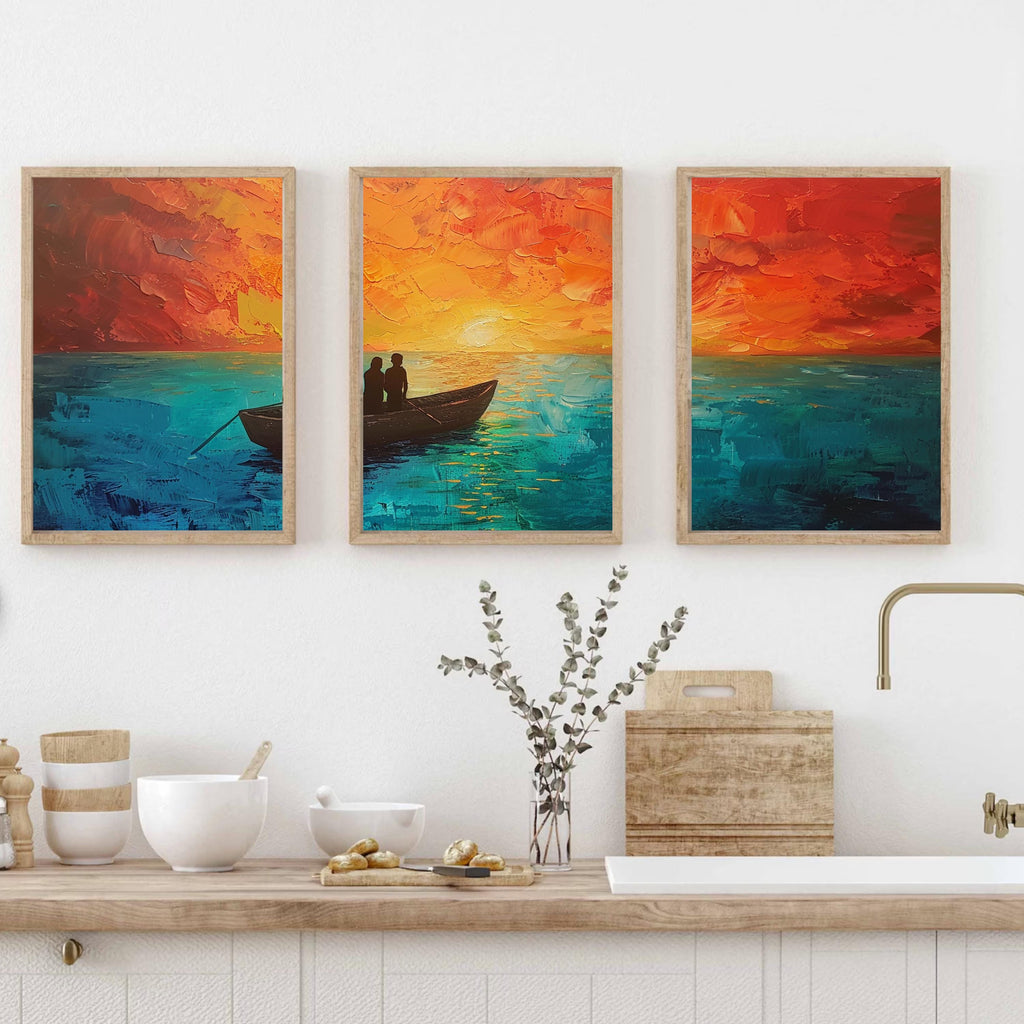 Detail of a romantic sunset scene with a couple in a boat, depicted in rich acrylic colors.