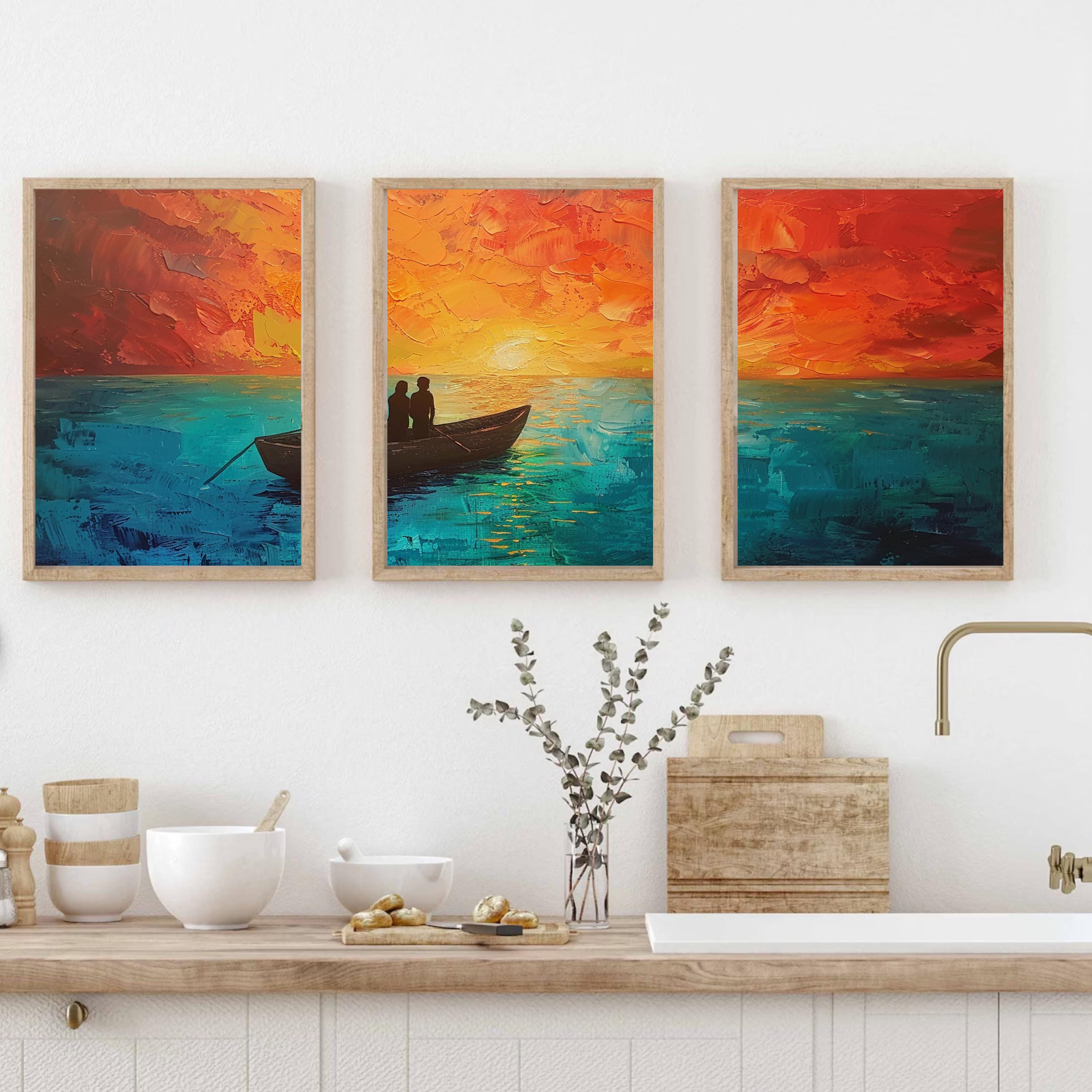 Detail of a romantic sunset scene with a couple in a boat, depicted in rich acrylic colors.