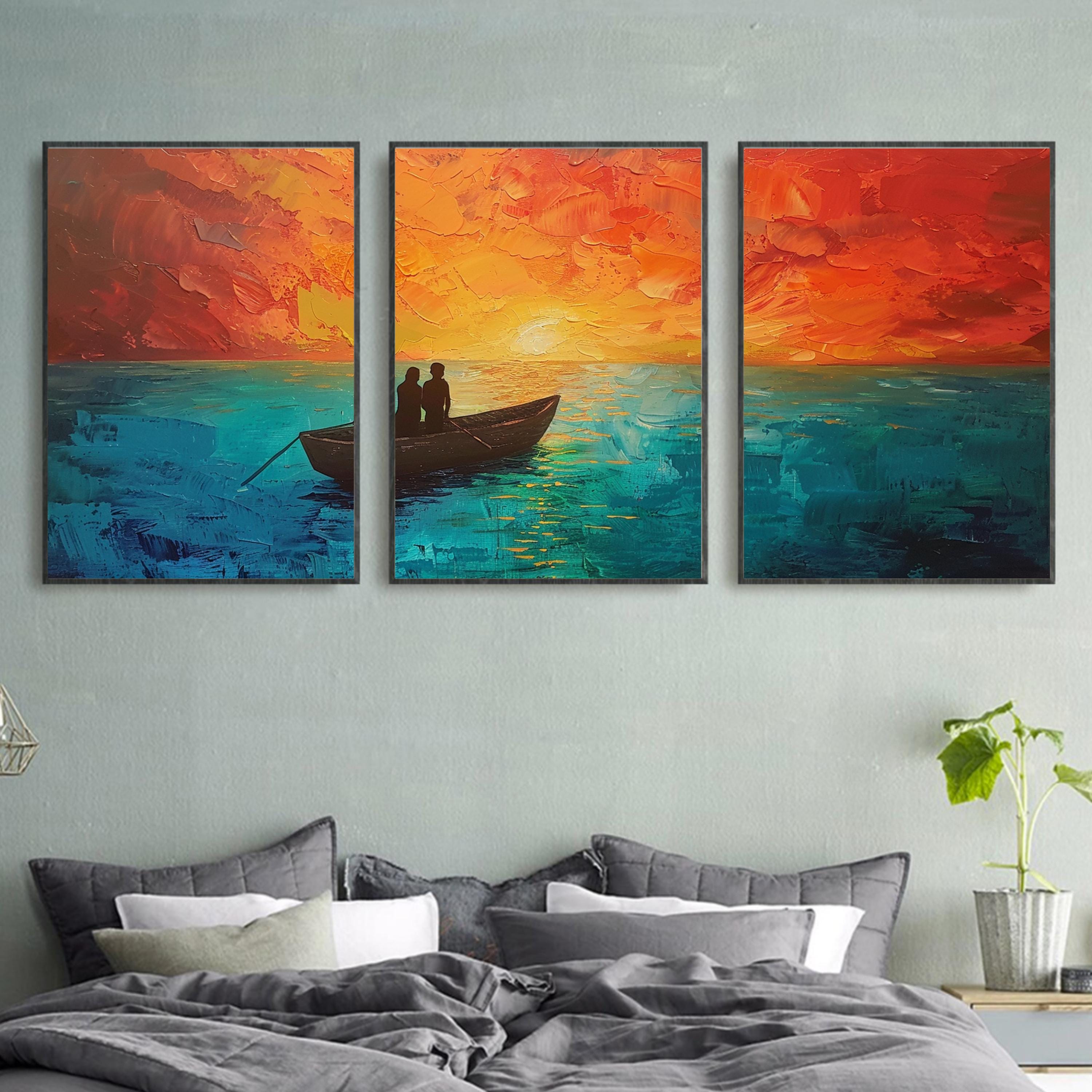 Three-piece poster set featuring a serene ocean sunset with a couple in a boat, captured with textured brushstrokes.