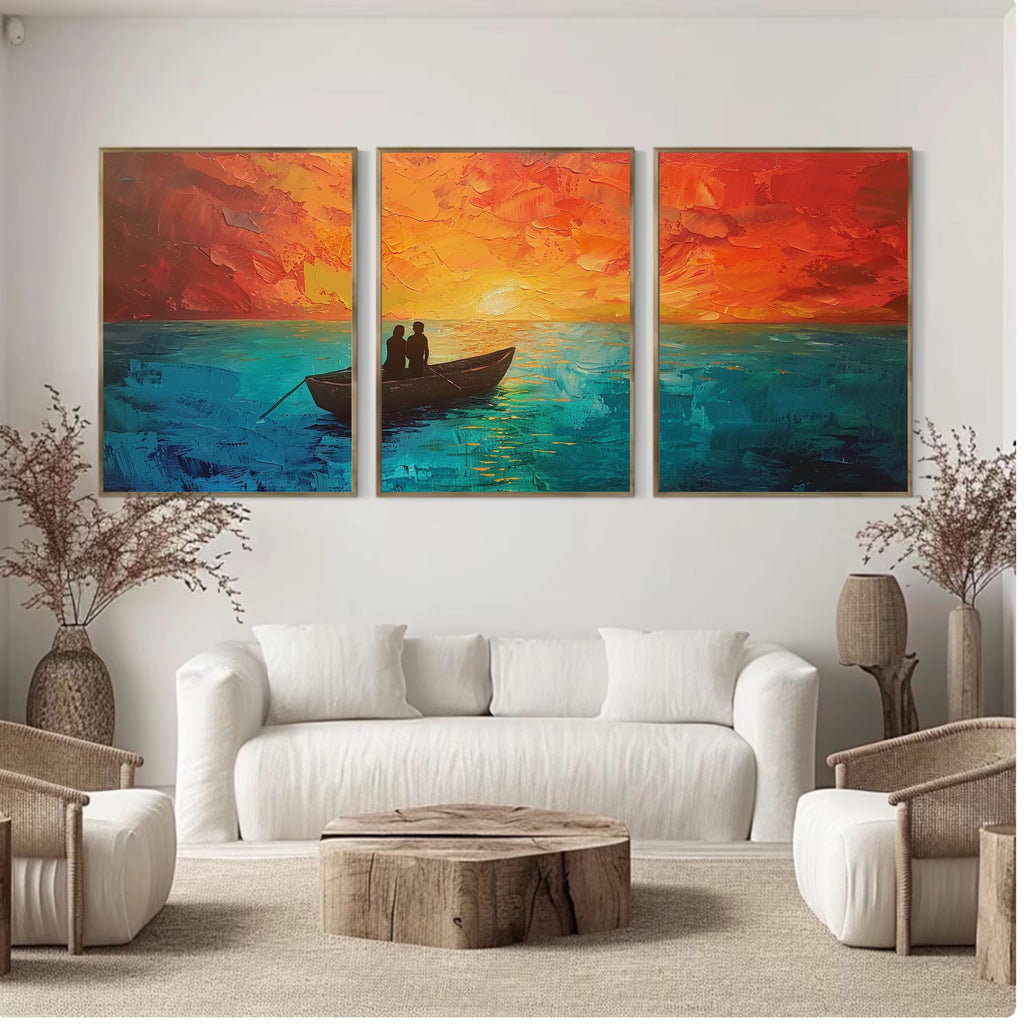 Sunset Serenity: Acrylic Painting of a Couple in a Boat on Tranquil Waters - Three-Piece Poster Set