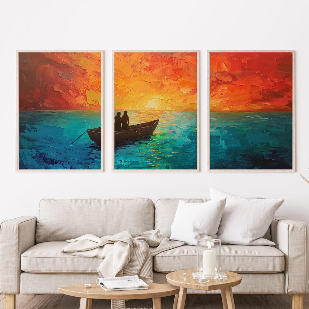 Sunset Serenity: Acrylic Painting of a Couple in a Boat on Tranquil Waters - Three-Piece Poster Set