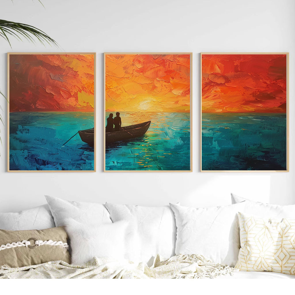 Sunset Serenity: Acrylic Painting of a Couple in a Boat on Tranquil Waters - Three-Piece Poster Set