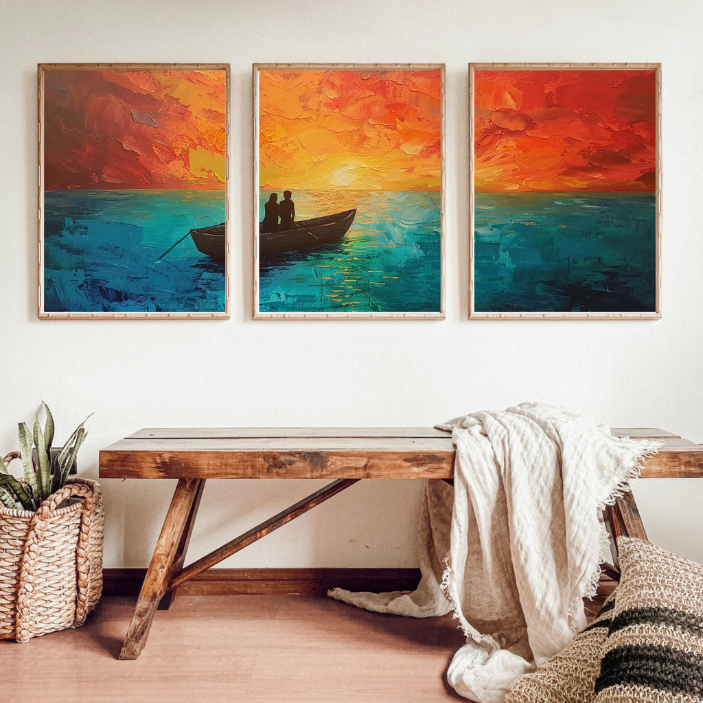 Sunset Serenity: Acrylic Painting of a Couple in a Boat on Tranquil Waters - Three-Piece Poster Set