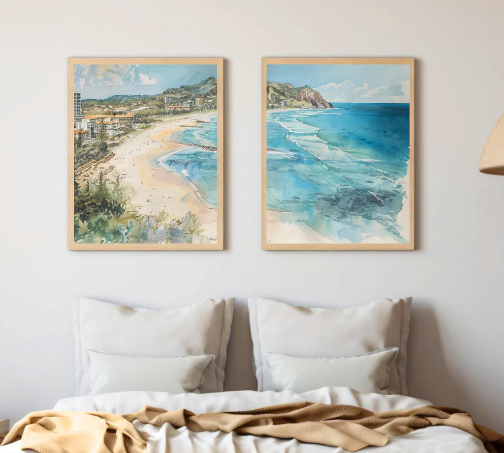 Burleigh Heads Bliss: Watercolor Painting of Coastal Landscape - Three-Piece Poster Set