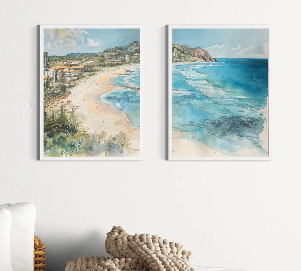 Burleigh Heads Bliss: Watercolor Painting of Coastal Landscape - Three-Piece Poster Set