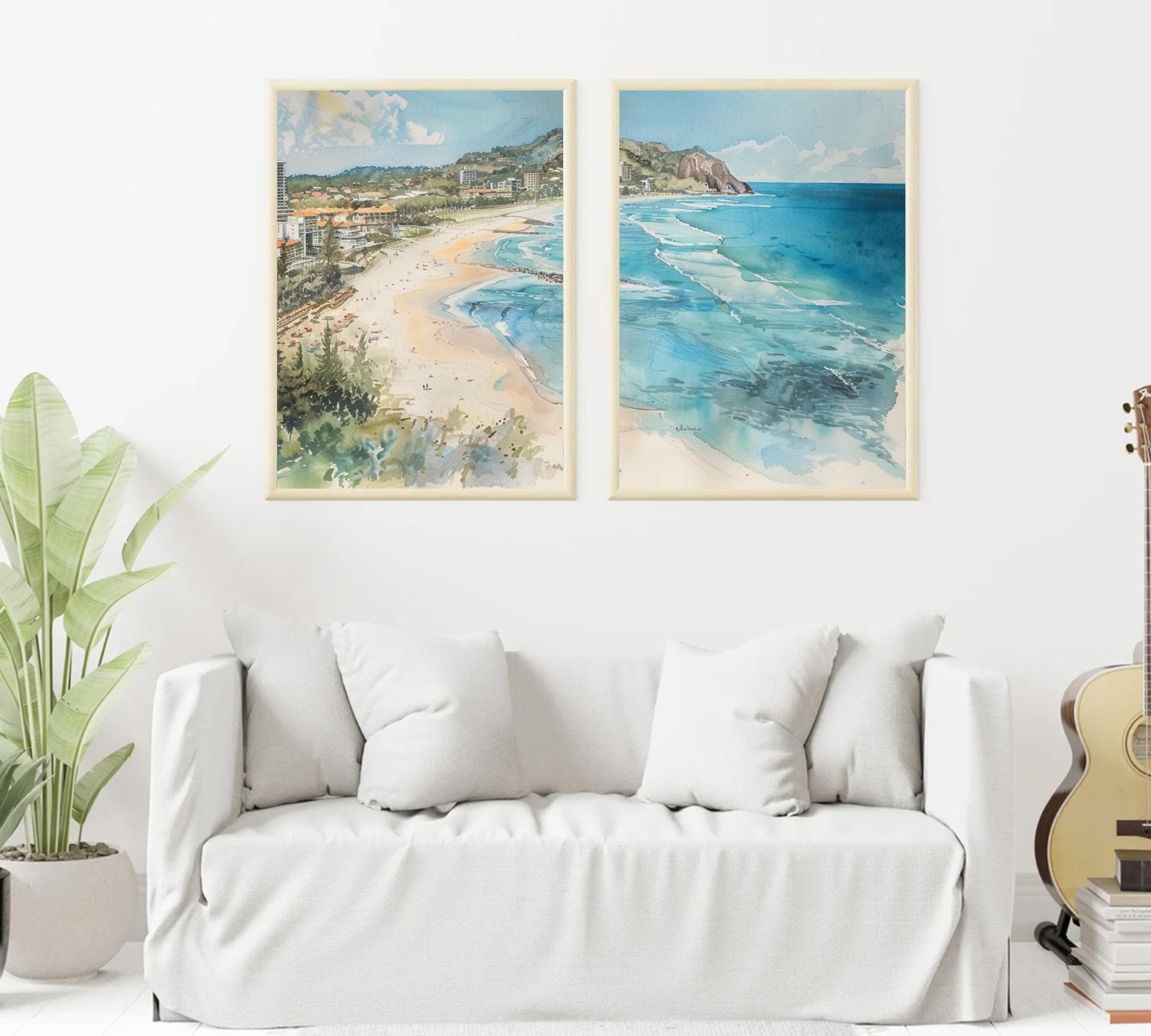 Burleigh Heads Bliss: Watercolor Painting of Coastal Landscape - Three-Piece Poster Set
