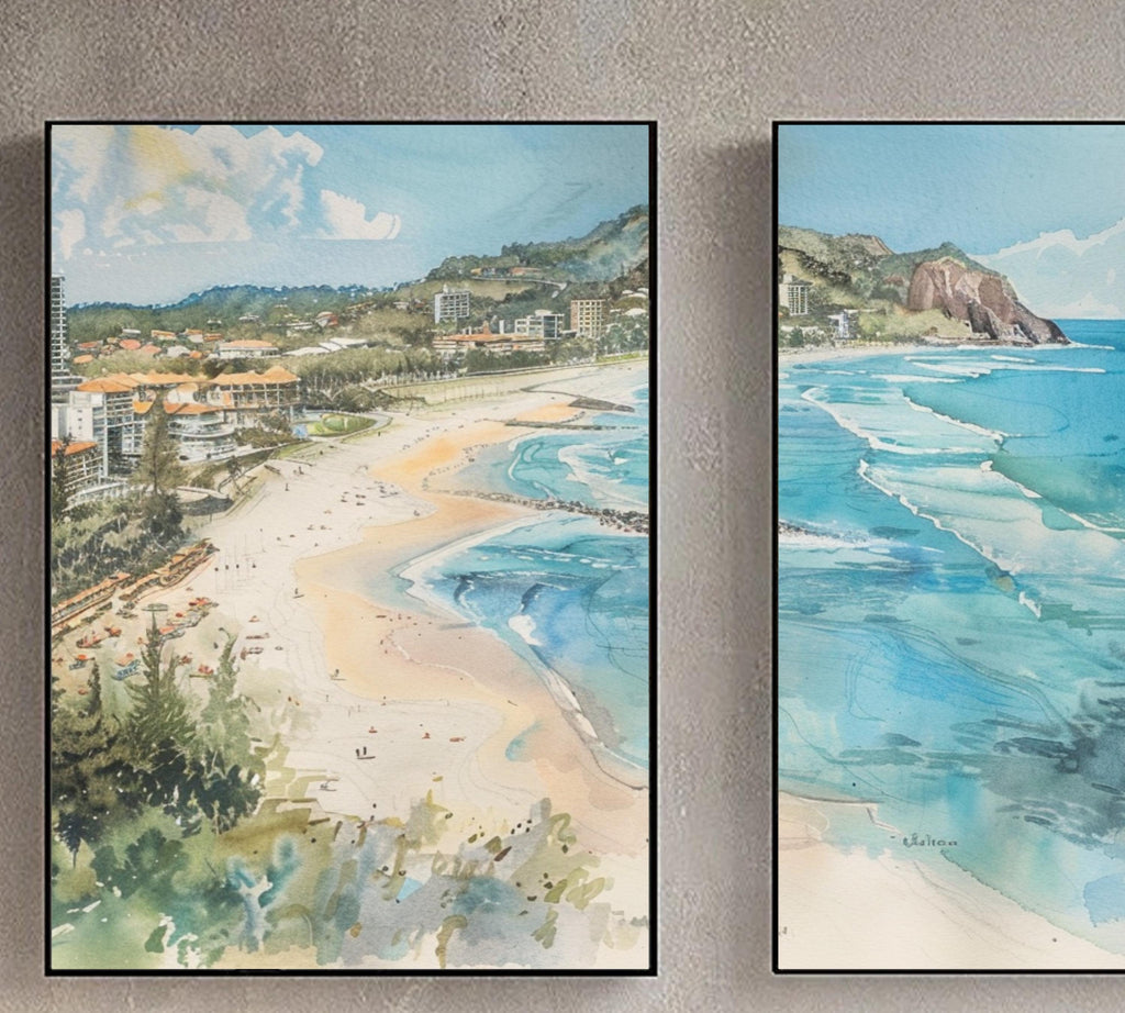 Burleigh Heads Bliss: Watercolor Painting of Coastal Landscape - Three-Piece Poster Set