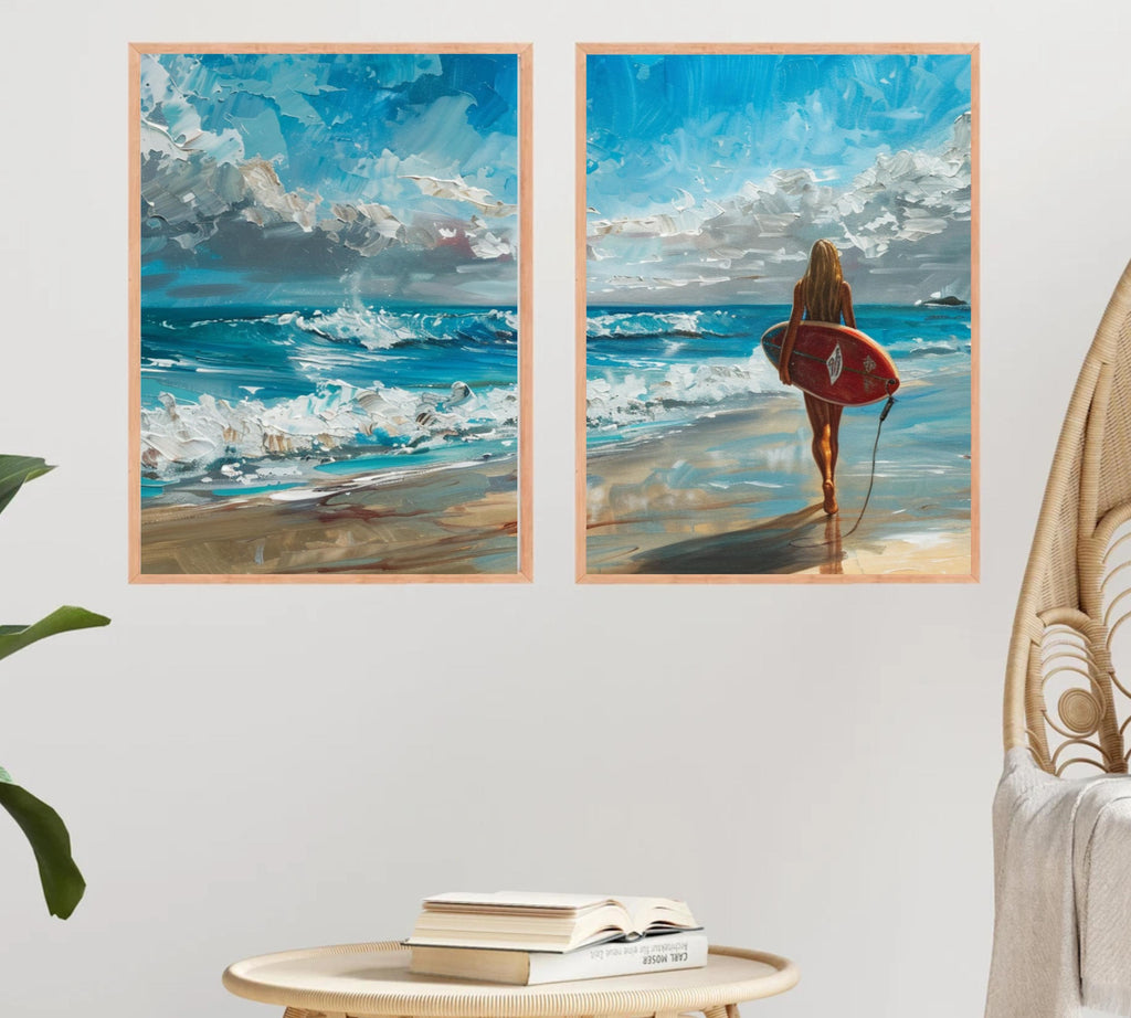 Surfer's Journey: Two-Piece Acrylic Painting Poster Set of a Surfer Girl at the Beach