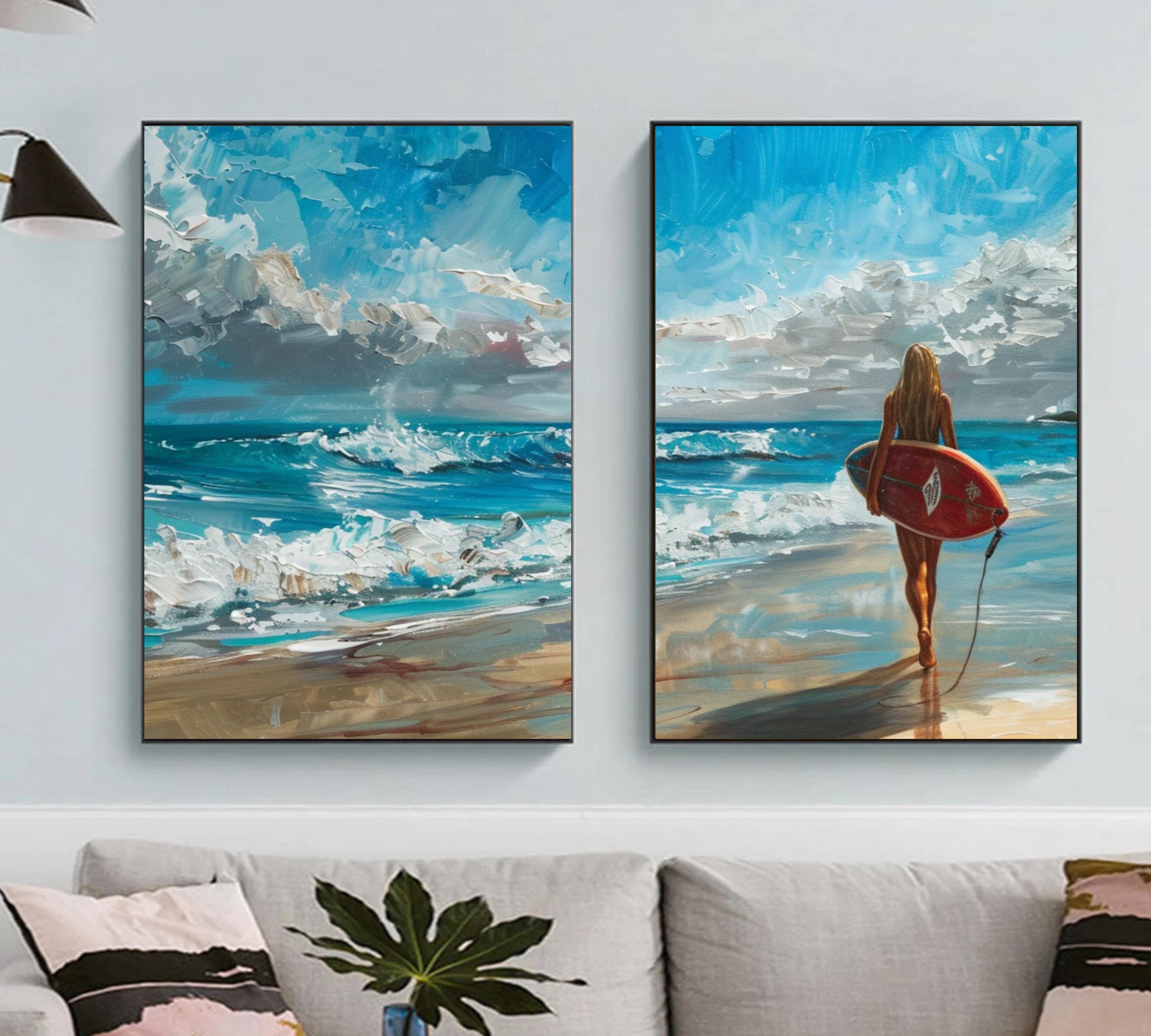 Surfer's Journey: Two-Piece Acrylic Painting Poster Set of a Surfer Girl at the Beach