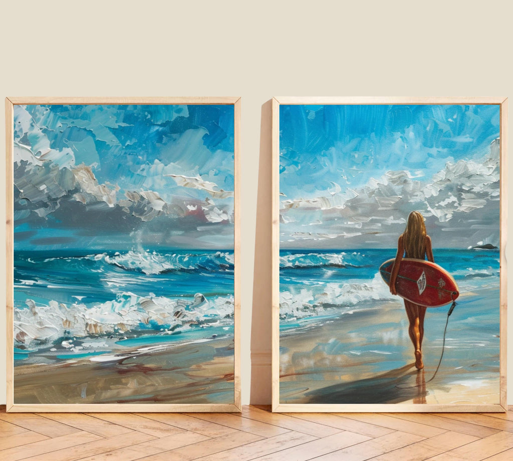Surfer's Journey: Two-Piece Acrylic Painting Poster Set of a Surfer Girl at the Beach