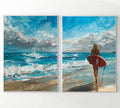 Acrylic painting of a surfer girl with a red surfboard walking towards the ocean, split into two poster pieces.