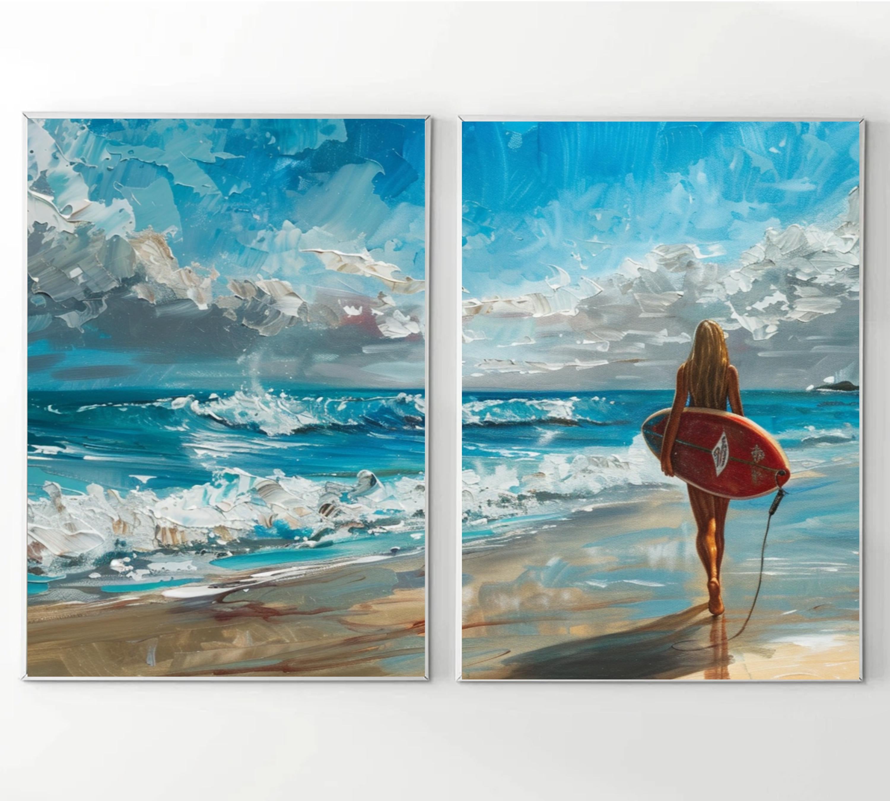 Acrylic painting of a surfer girl with a red surfboard walking towards the ocean, split into two poster pieces.