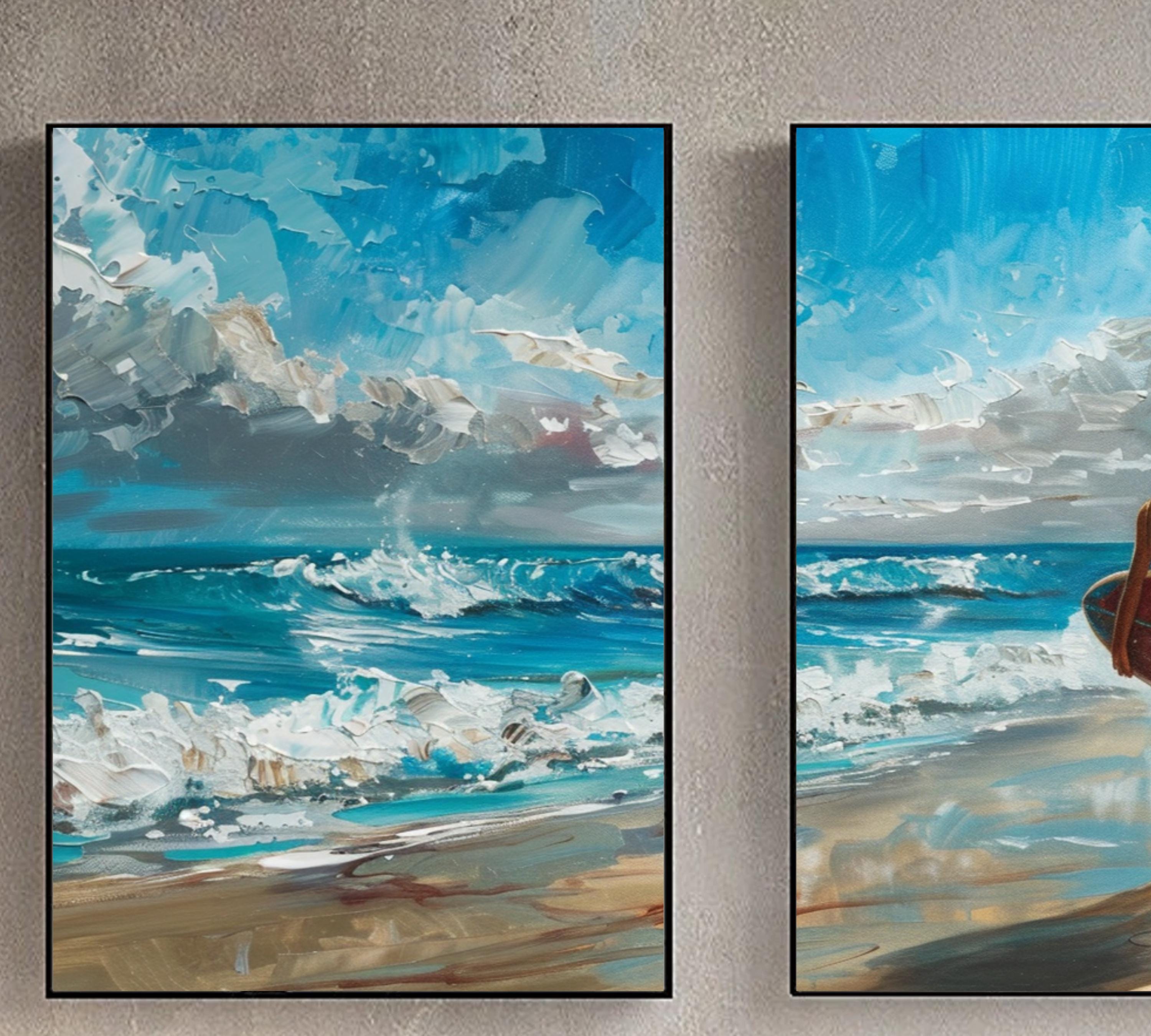 Surfer's Journey: Two-Piece Acrylic Painting Poster Set of a Surfer Girl at the Beach