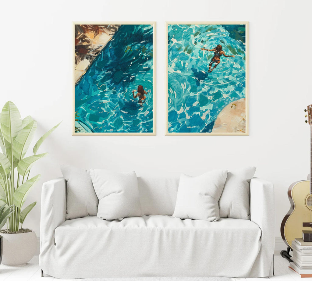 Girls swimming in Pool | Watercolor Poster Set of a Swimmer in Turquoise Water