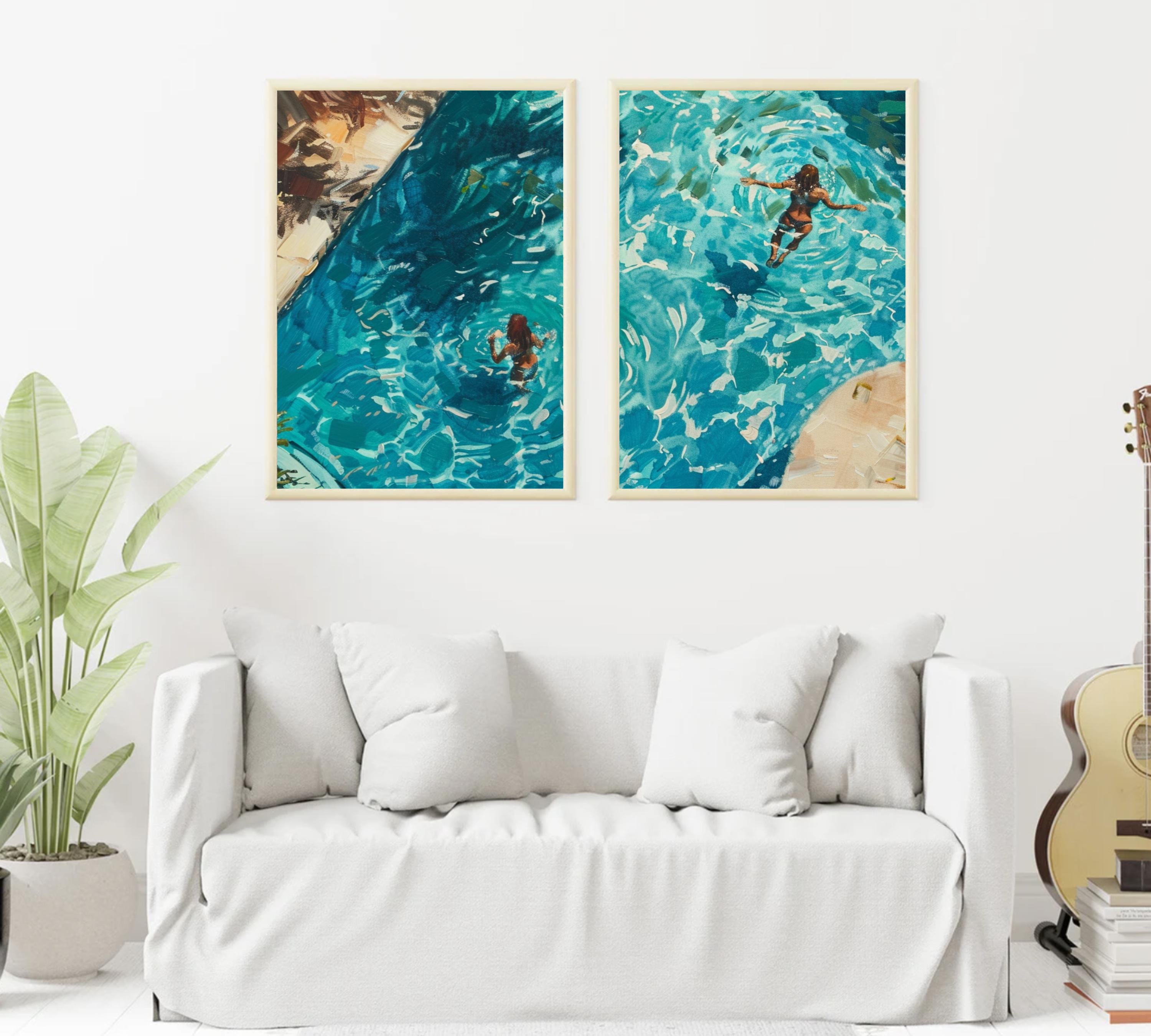 Girls swimming in Pool | Watercolor Poster Set of a Swimmer in Turquoise Water