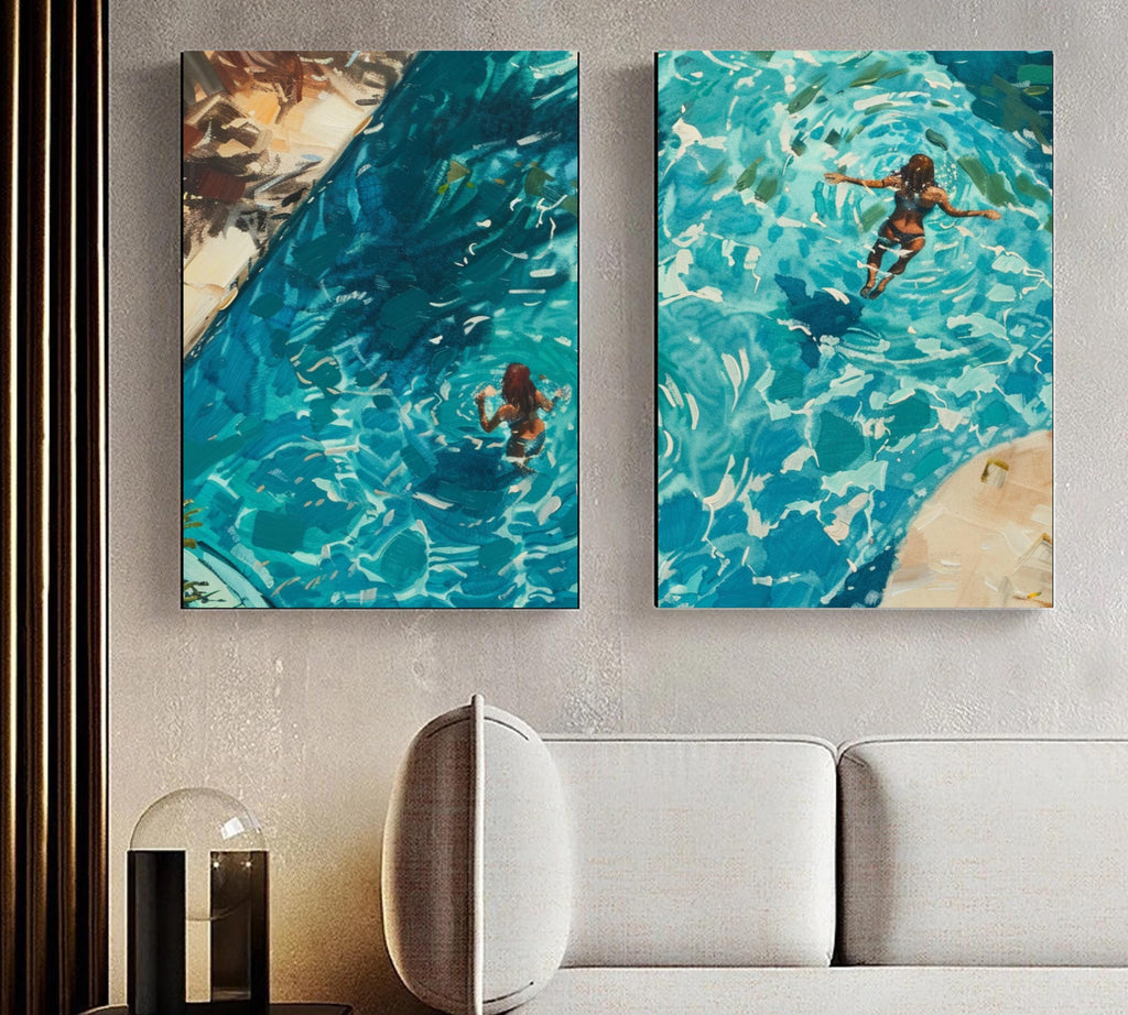 Detailed view of a swimmer in clear blue ocean water, depicted in vibrant watercolors.