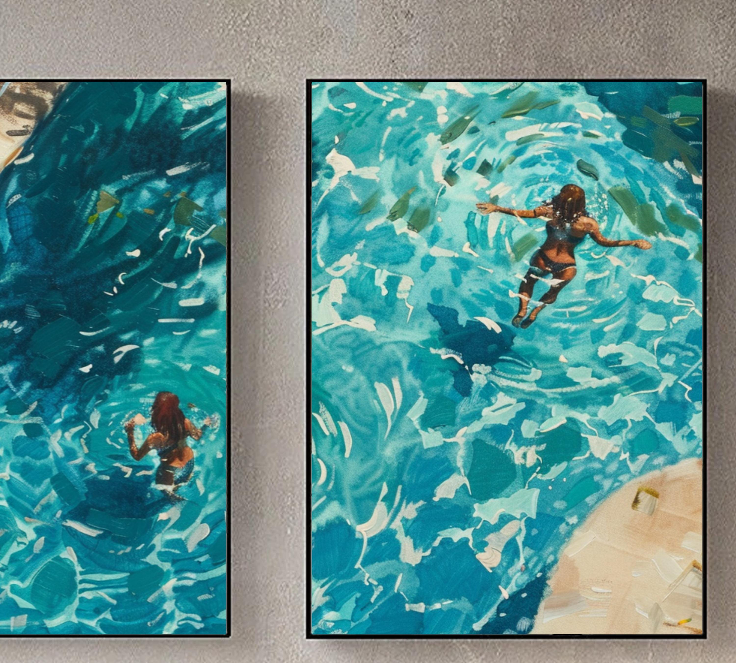 Girls swimming in Pool | Watercolor Poster Set of a Swimmer in Turquoise Water