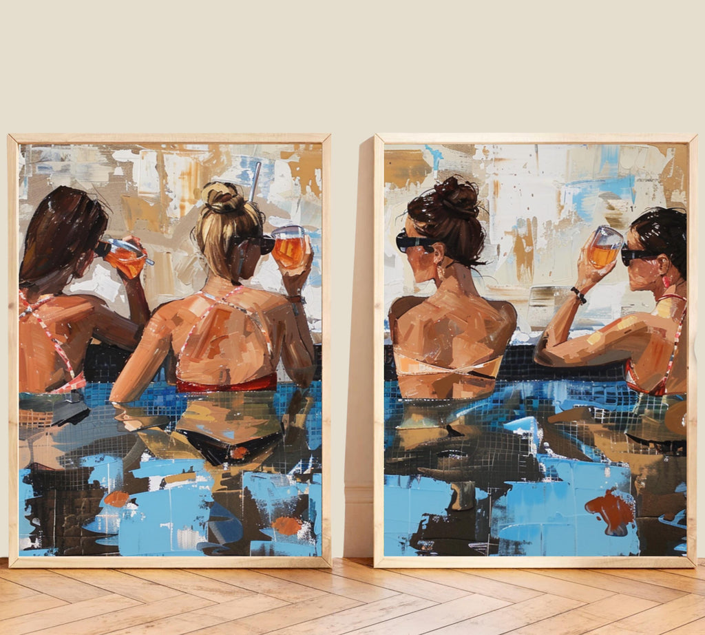 Poolside Cheers: Two-Piece Acrylic Painting Poster Set of Women Relaxing with Drinks