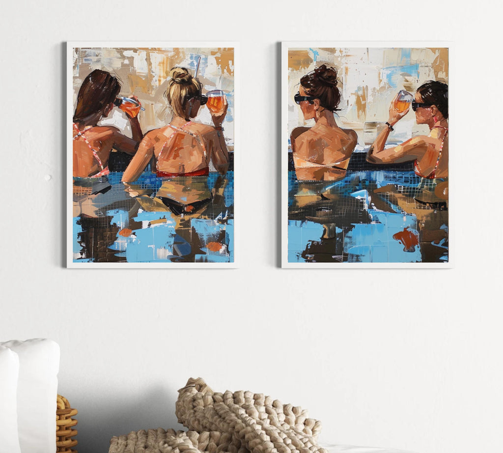 Poolside Cheers: Two-Piece Acrylic Painting Poster Set of Women Relaxing with Drinks