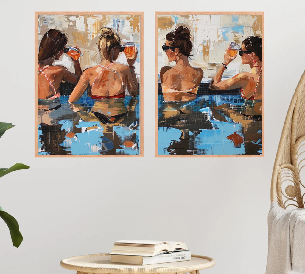Poolside Cheers: Two-Piece Acrylic Painting Poster Set of Women Relaxing with Drinks