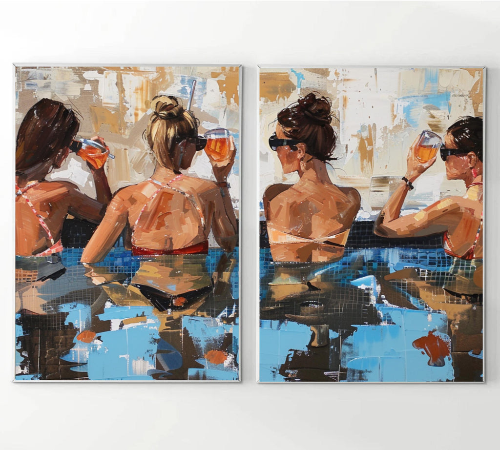 Detailed view of friends relaxing in a pool with drinks, captured in vibrant acrylic colors.