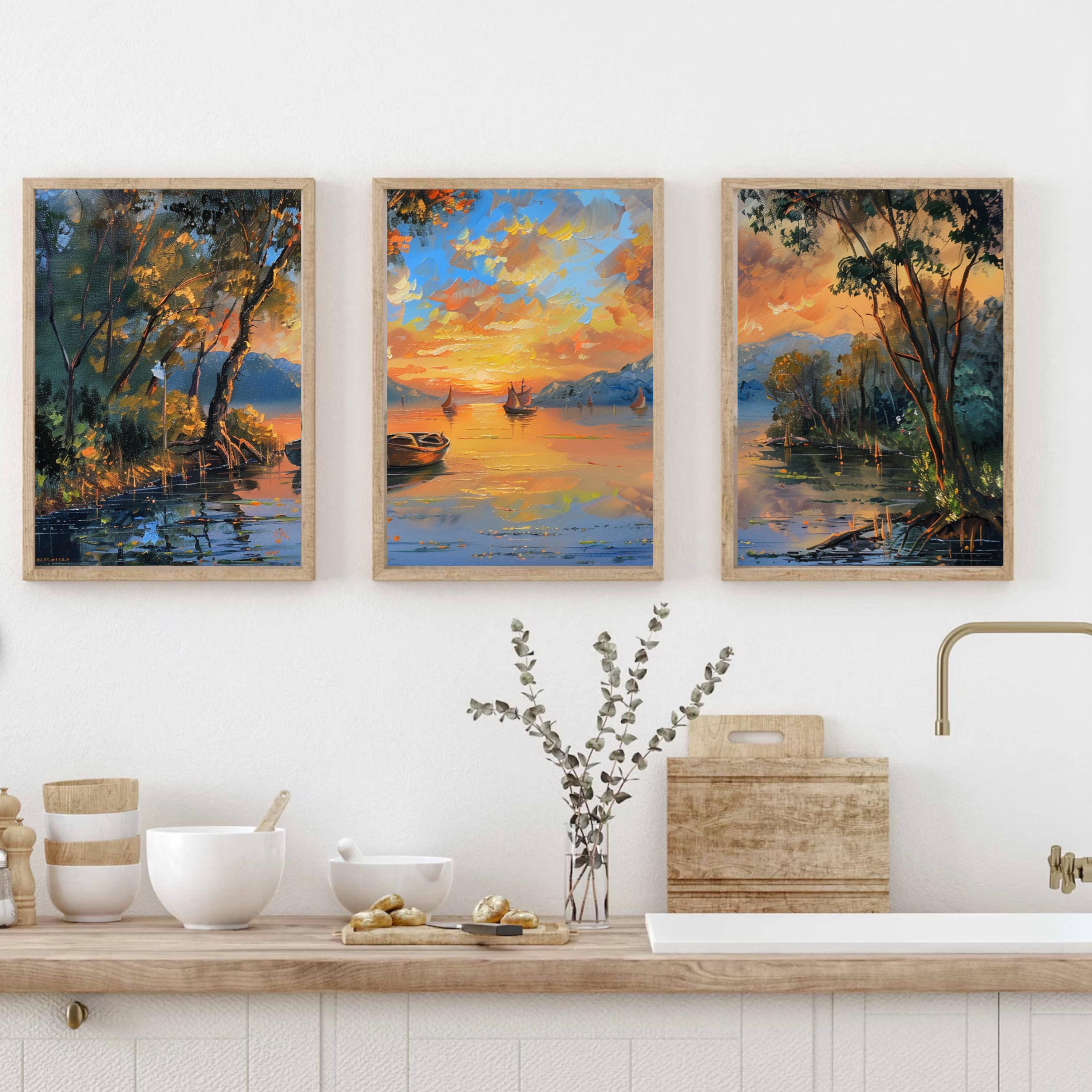 Detailed view of a serene river scene with boats and a vibrant sunset, captured in rich acrylic colors.