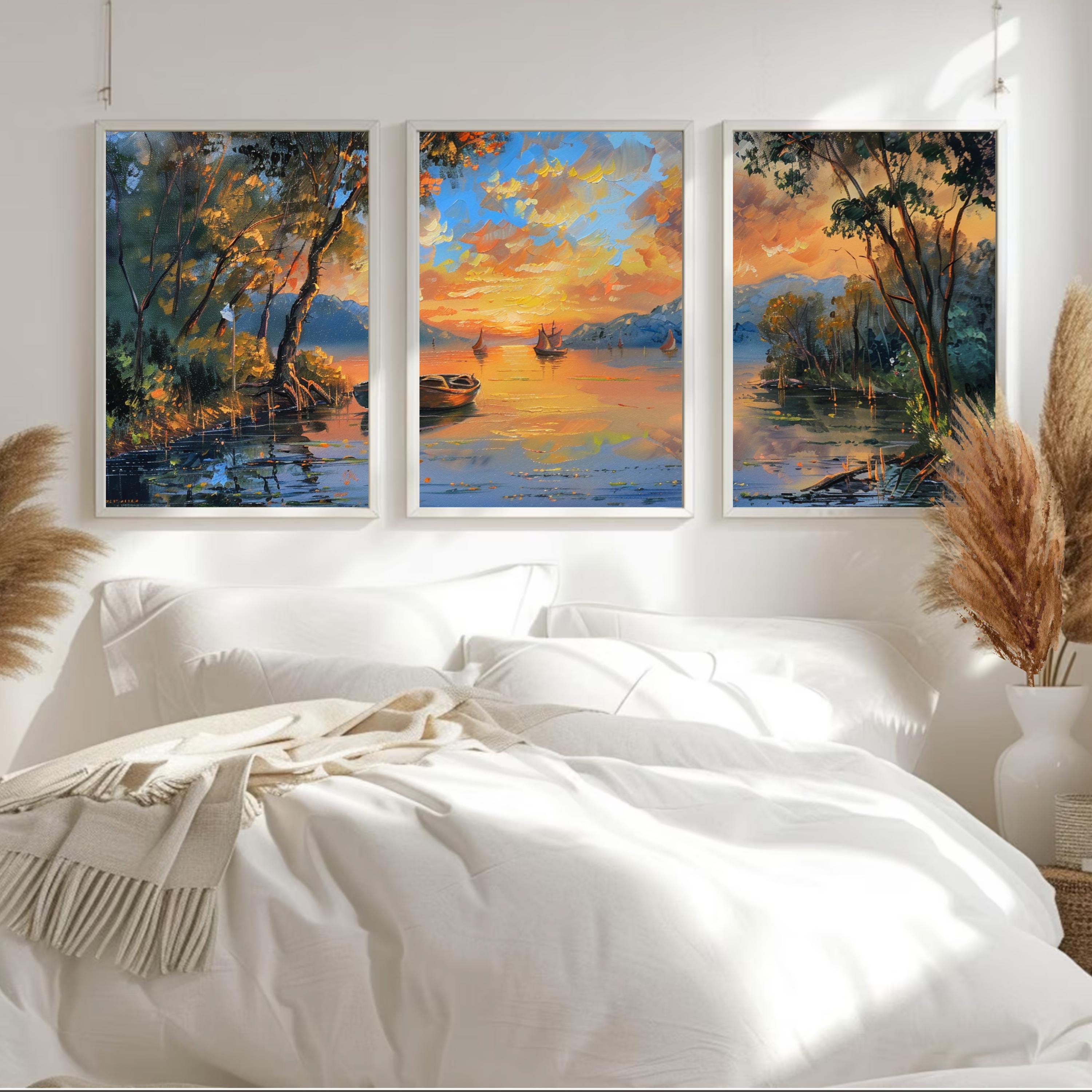 River Sunset Painting framed by lush trees and bathed in the warm glow ot the setting sun