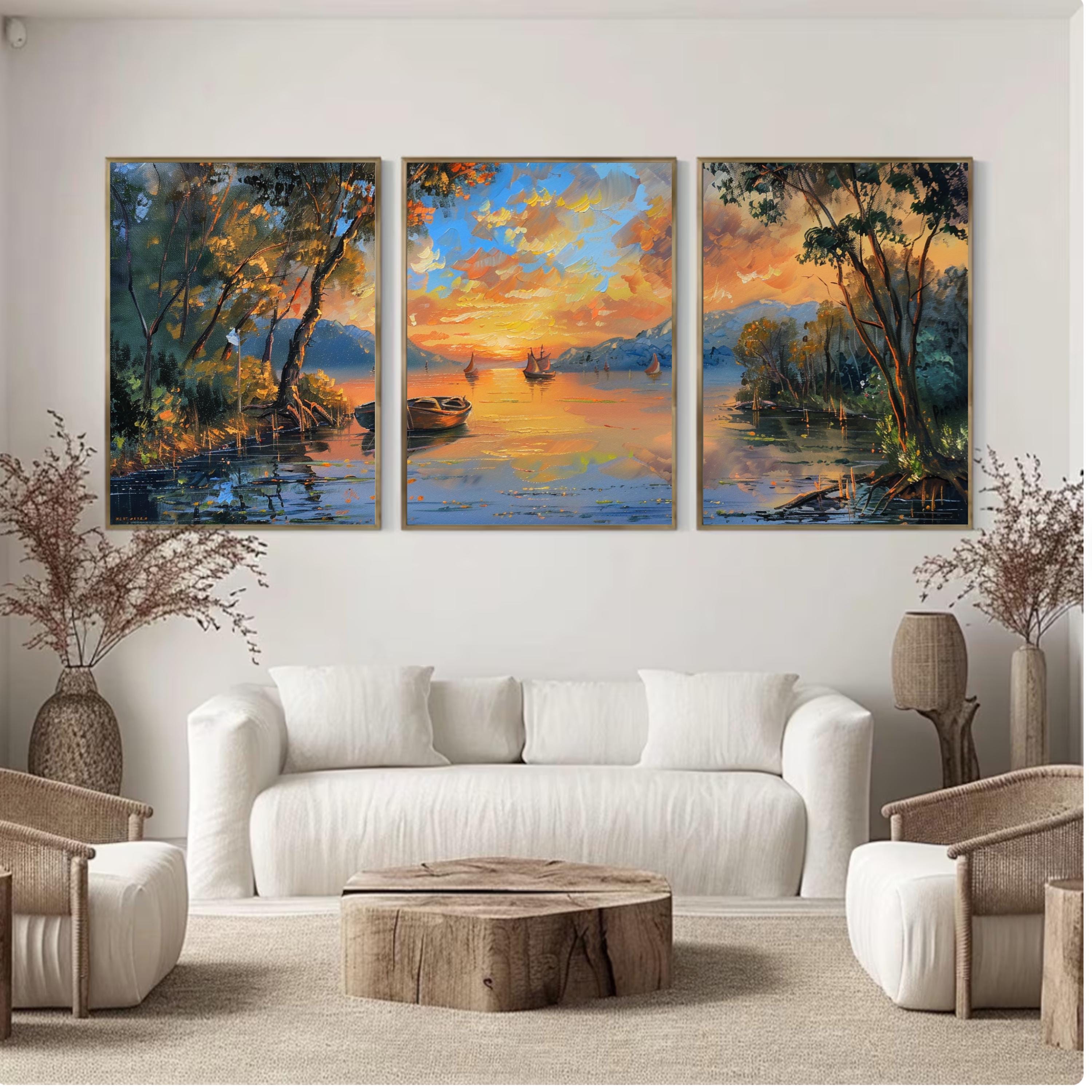 River Sunset Painting framed by lush trees and bathed in the warm glow ot the setting sun