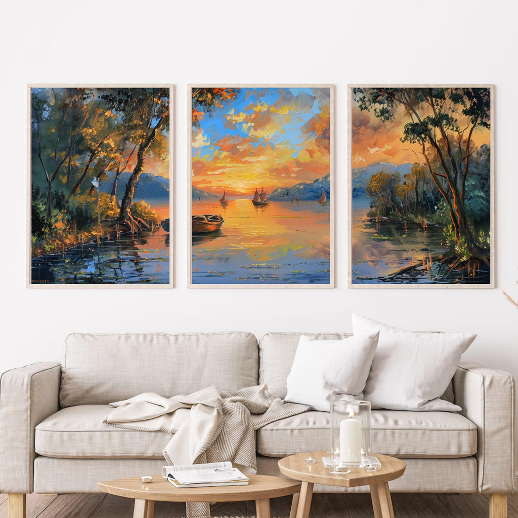 River Sunset Painting framed by lush trees and bathed in the warm glow ot the setting sun