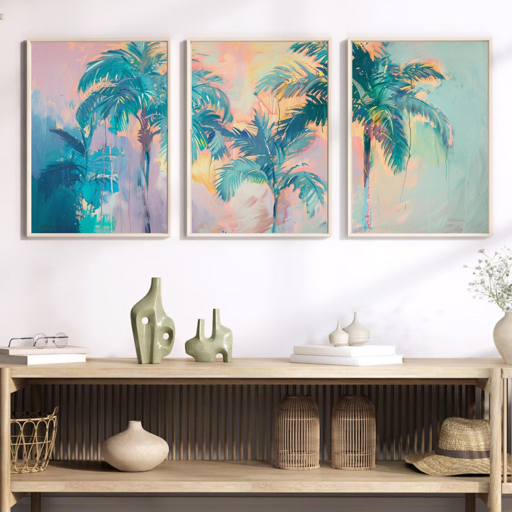 Soft pink and teal sky with palm silhouettes