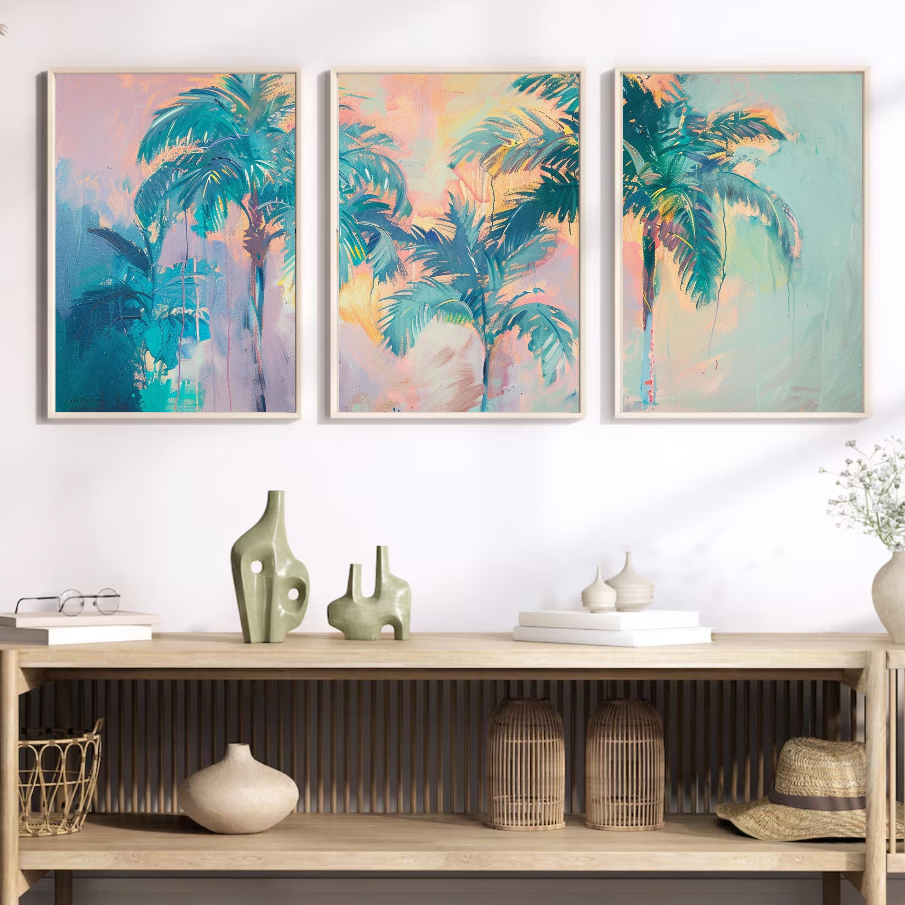 Soft pink and teal sky with palm silhouettes