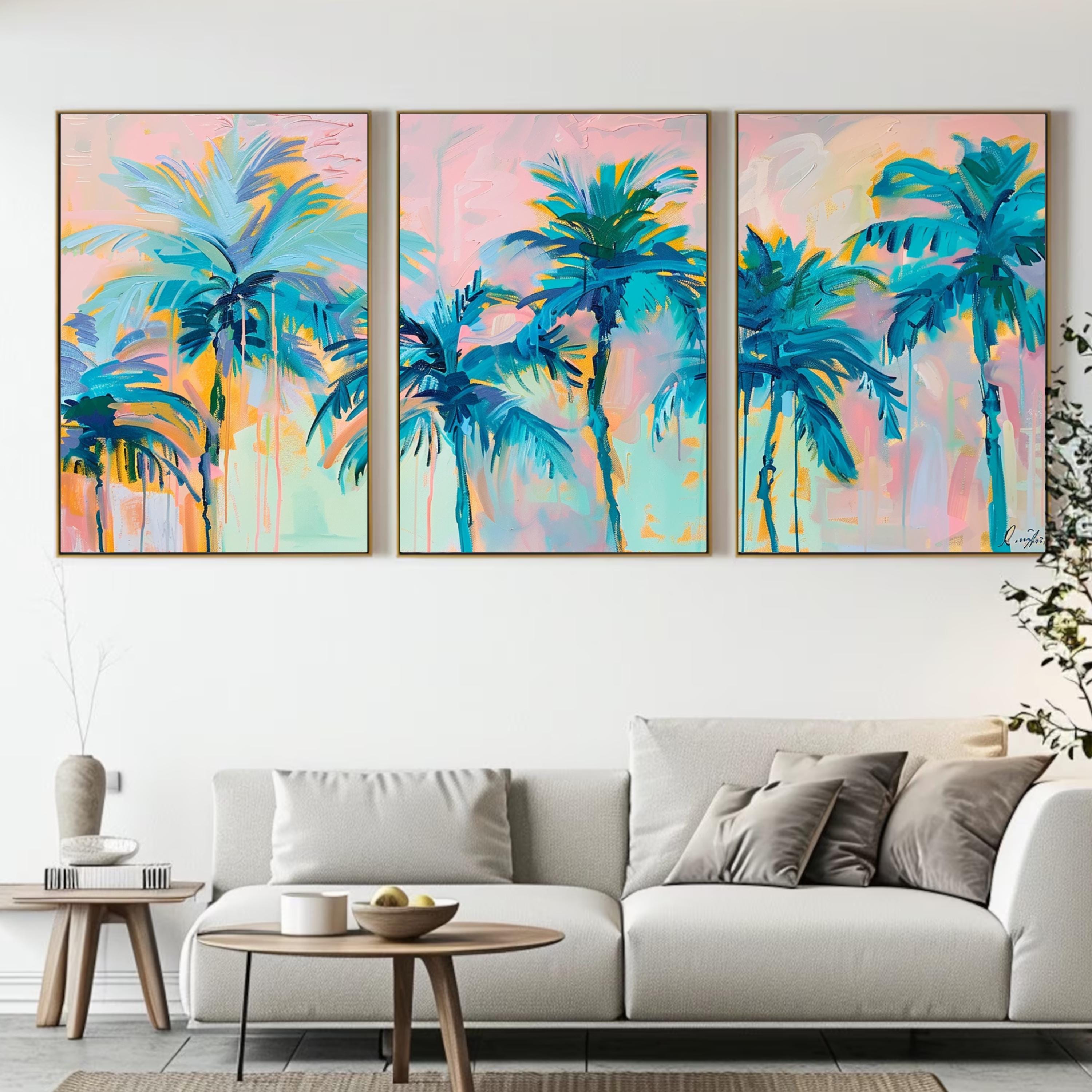 A colorful depiction of palm trees with varying shades of blue and green foliage, contrasted by a warm pastel background, evoking a sense of tranquility and paradise.